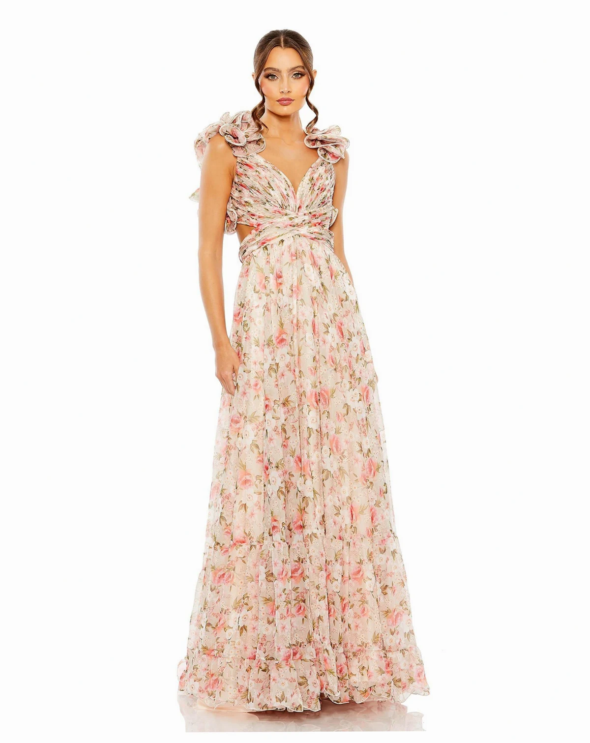 Women's Ruffle Tiered Cut-Out Chiffon Floral Gown