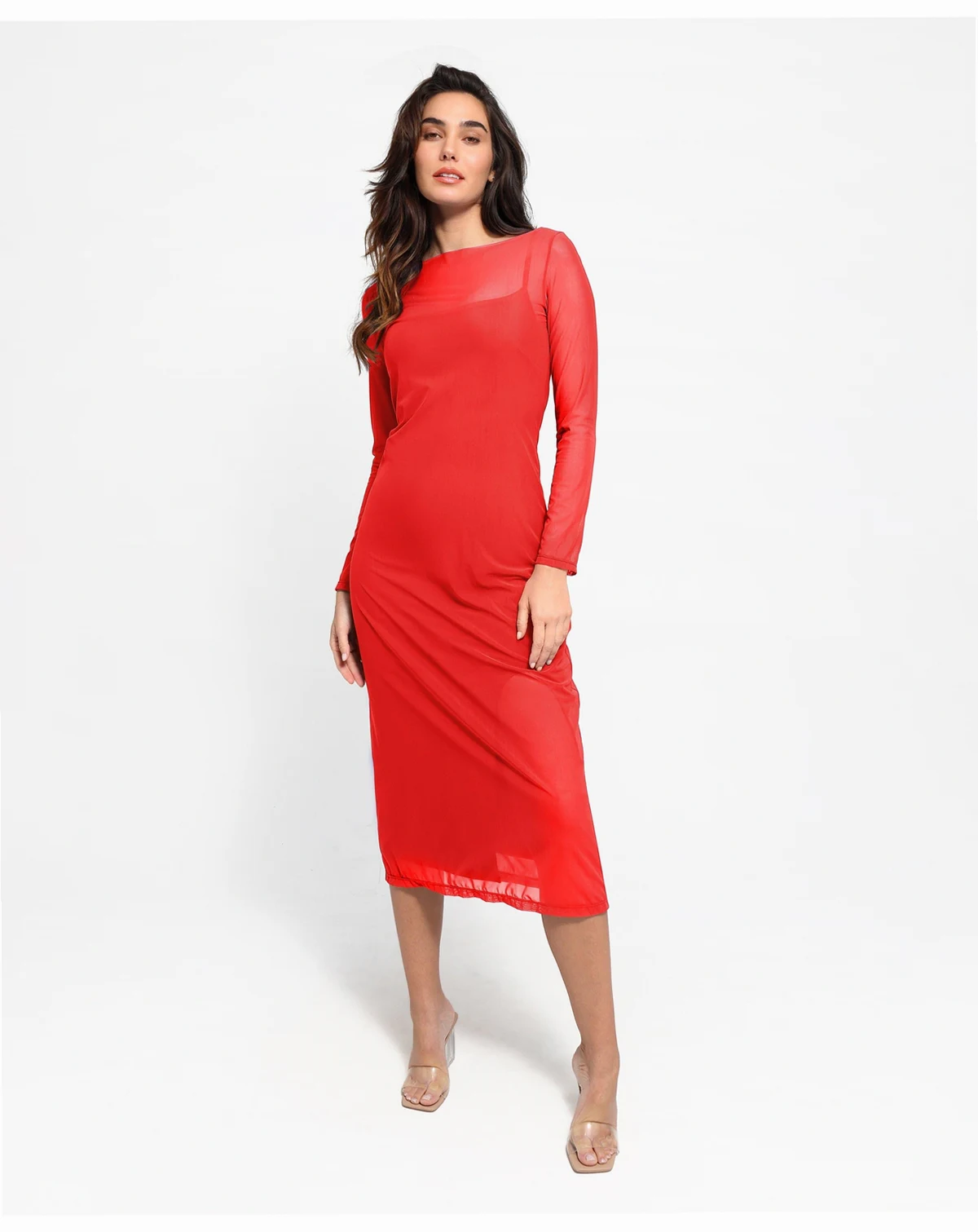 Women's Shapewear Slimming Midi Dress and Sheer Mesh Overlay Set