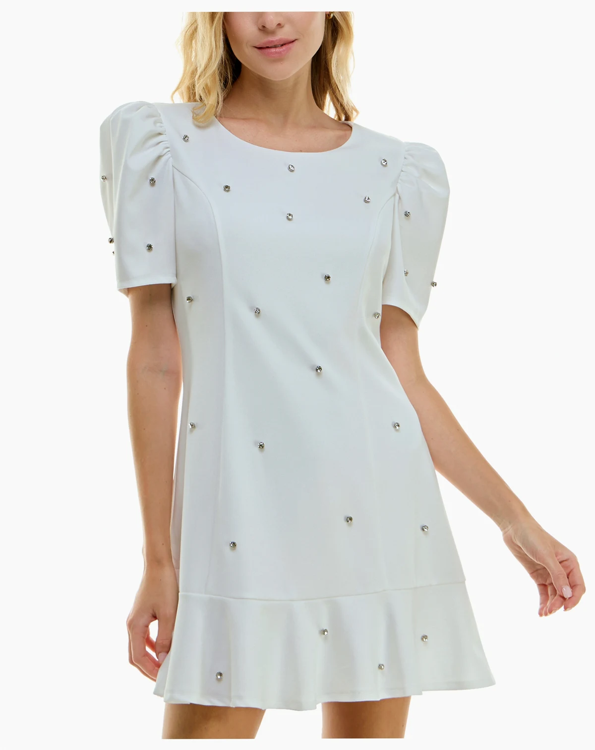 Juniors' Puff-Sleeve Rhinestone-Trim Dress
