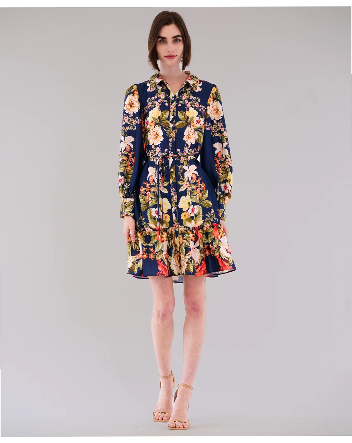 Women's Printed Button-Front Long-Sleeve Dress