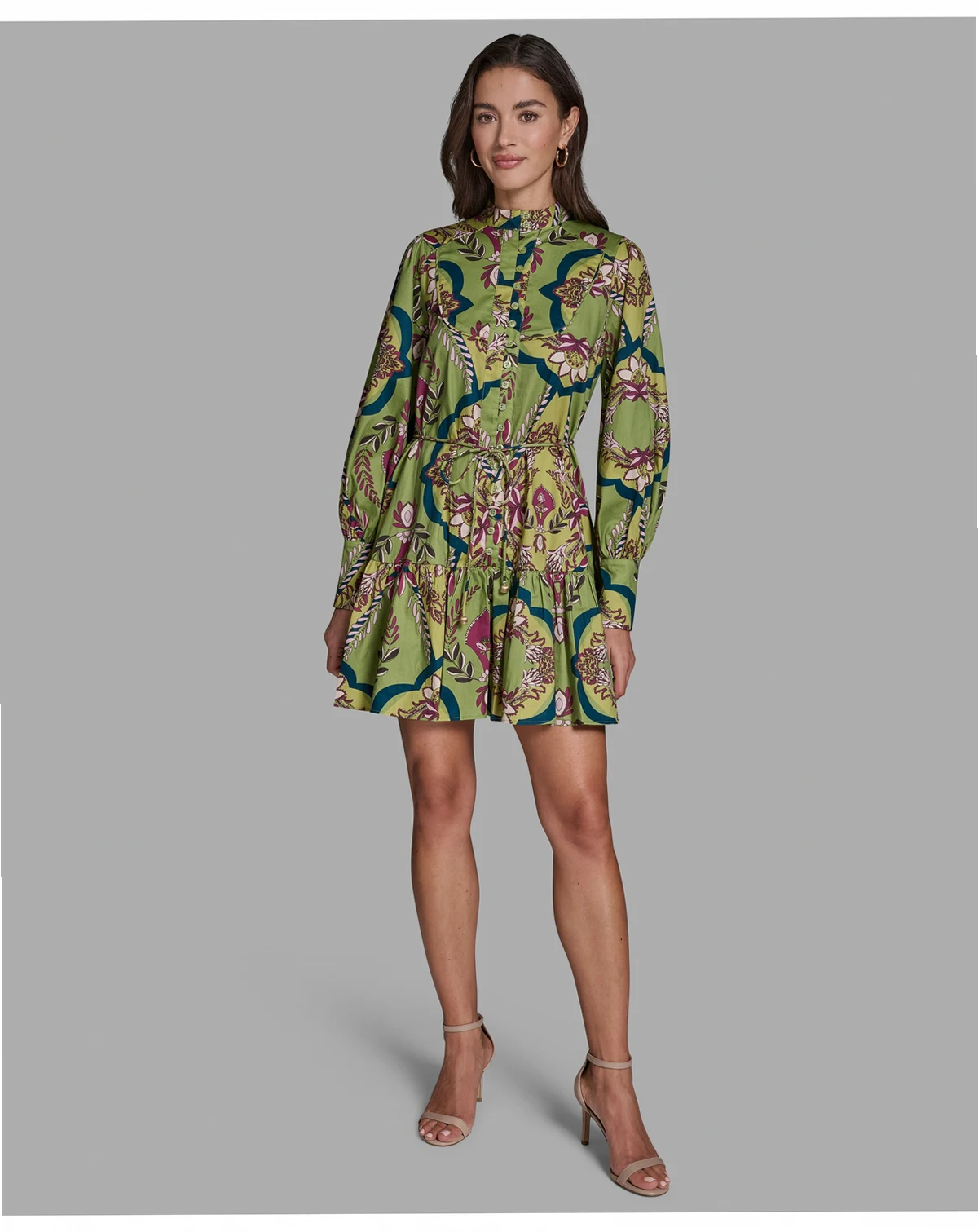 Women's Floral Button-Down Mini Dress with Tiered Skirt And Waist Tie