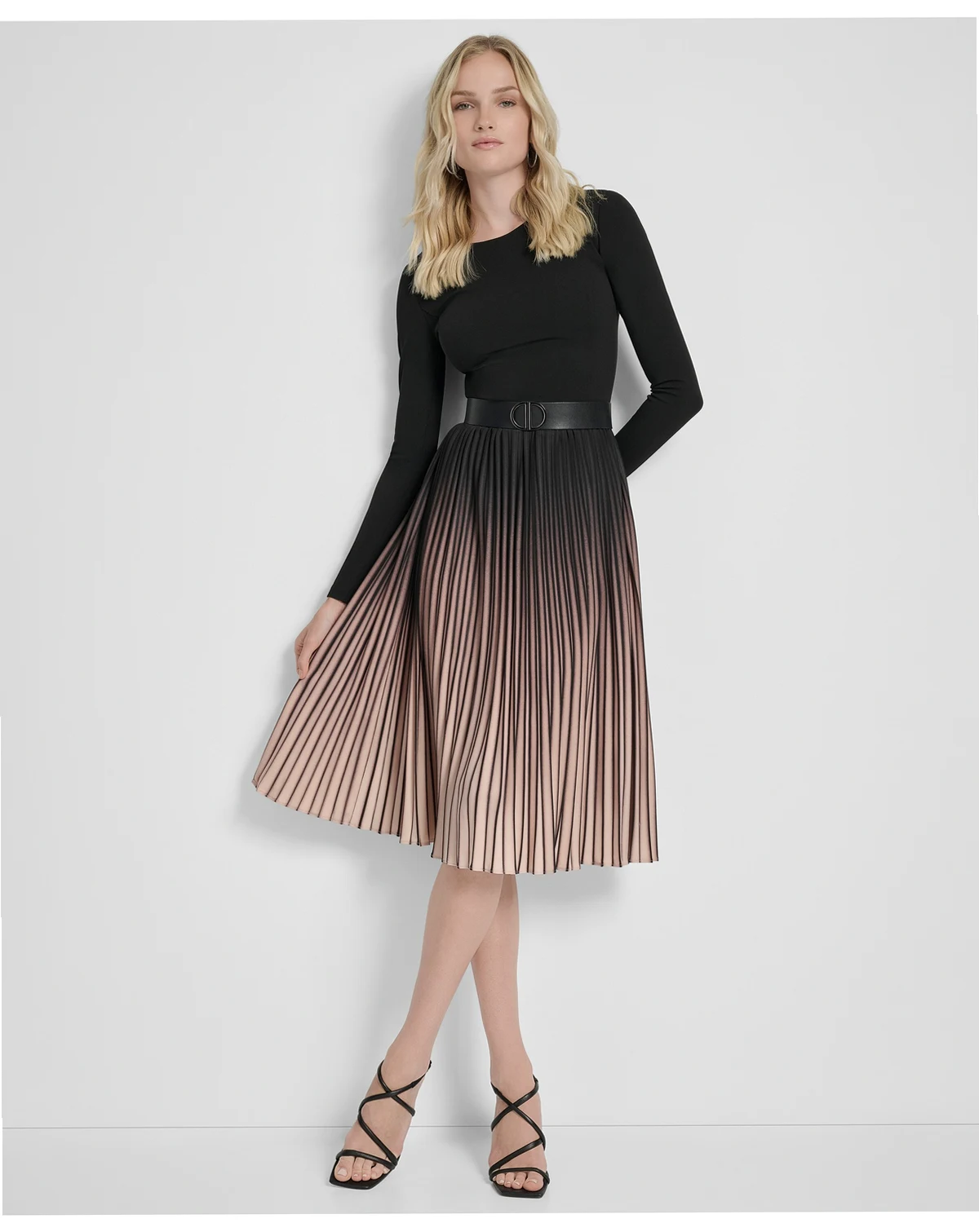 Women's Ombré Sunburst Pleat-Skirt Long-Sleeve Midi Dress