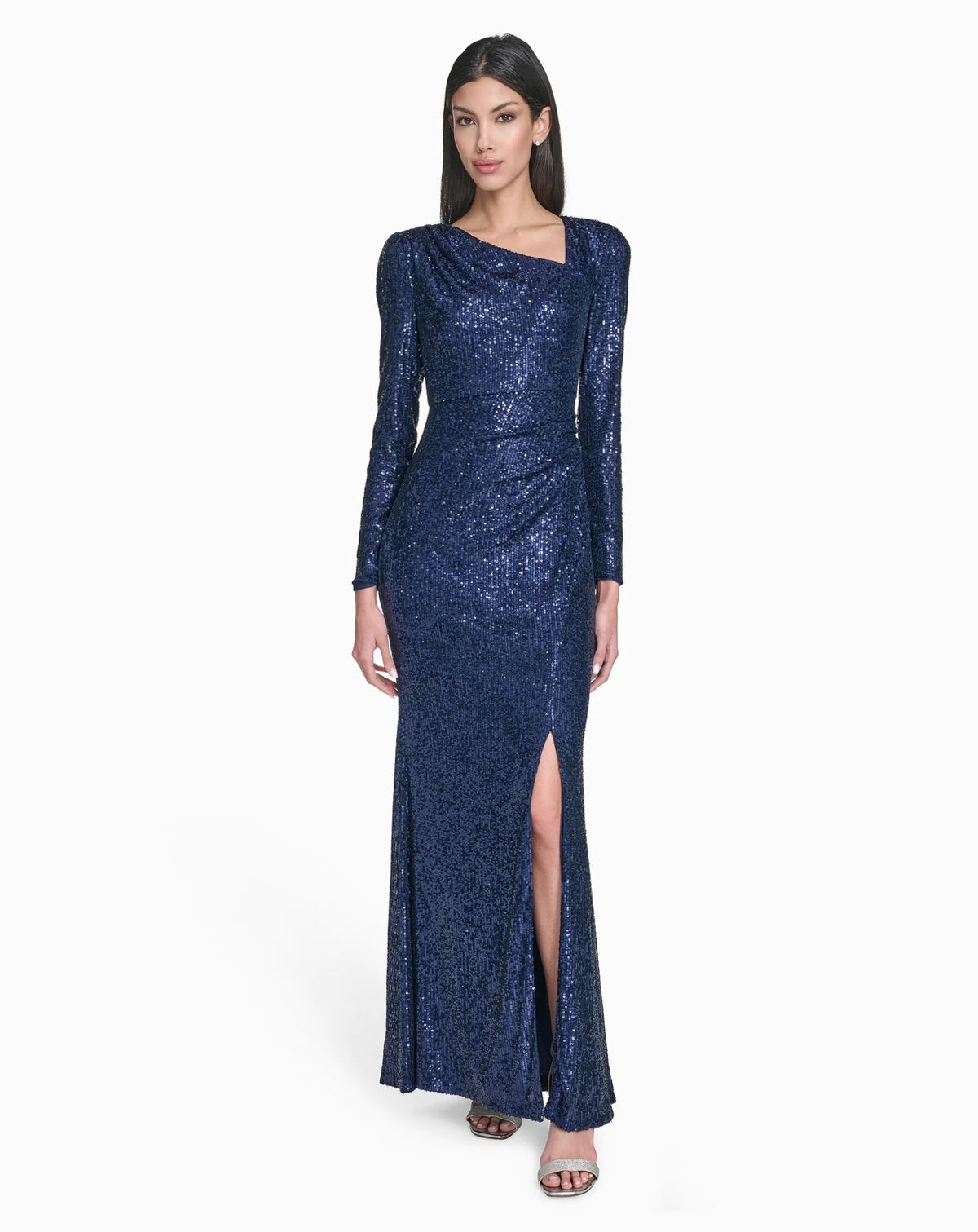 Petite Social Sequin Asymmetrical Neck Dress