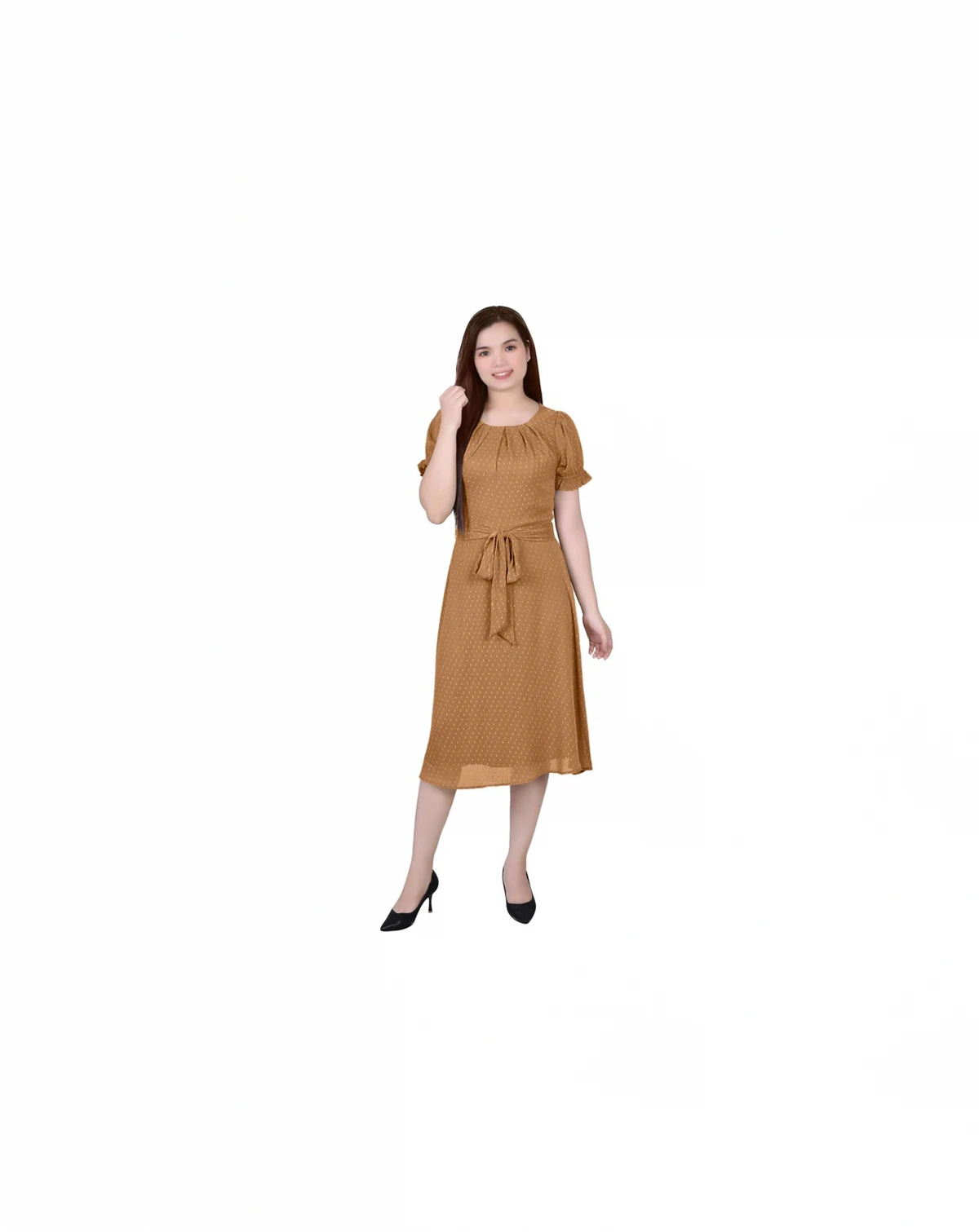 Petite Short Sleeve Belted Swiss Dot Dress
