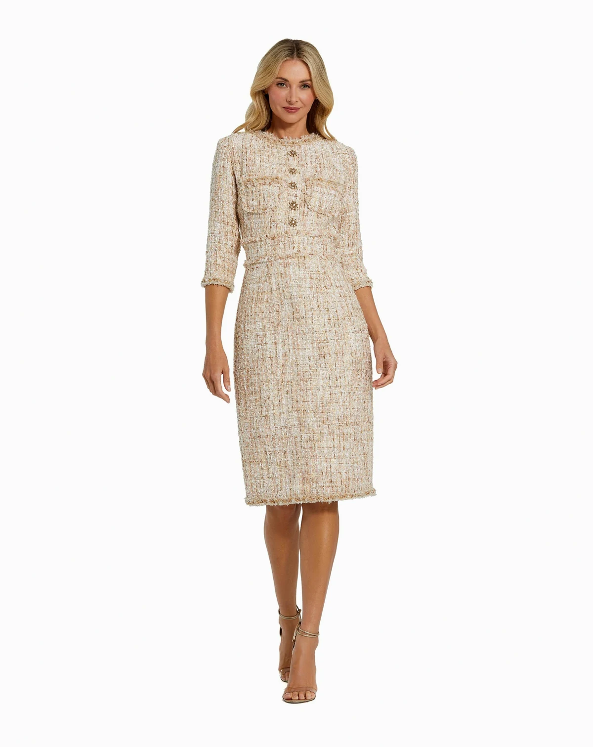 Petite Beaded Trim Boucle Midi Dress with 3/4 Sleeves