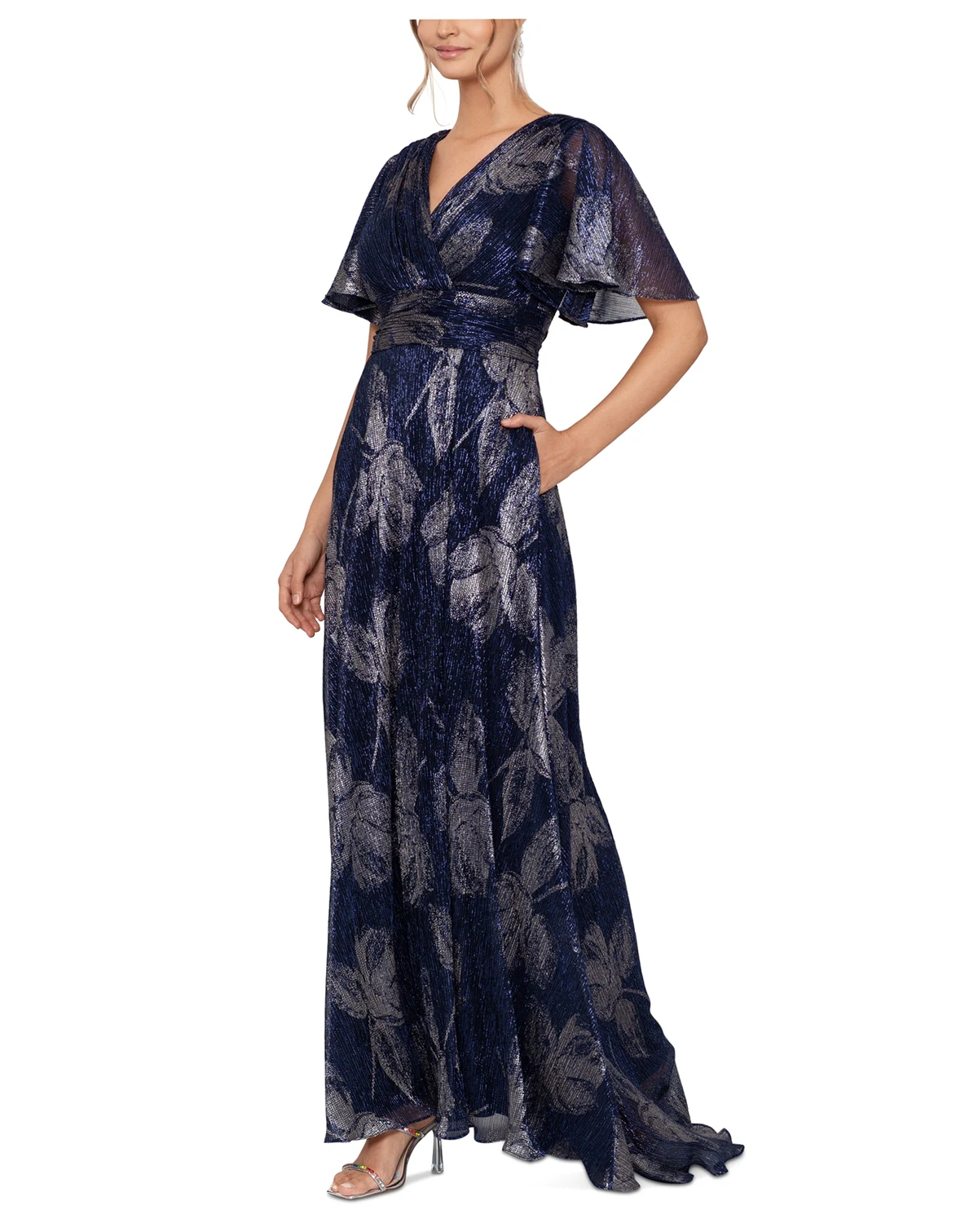 Petite Foil-Print Flutter-Sleeve Maxi Dress