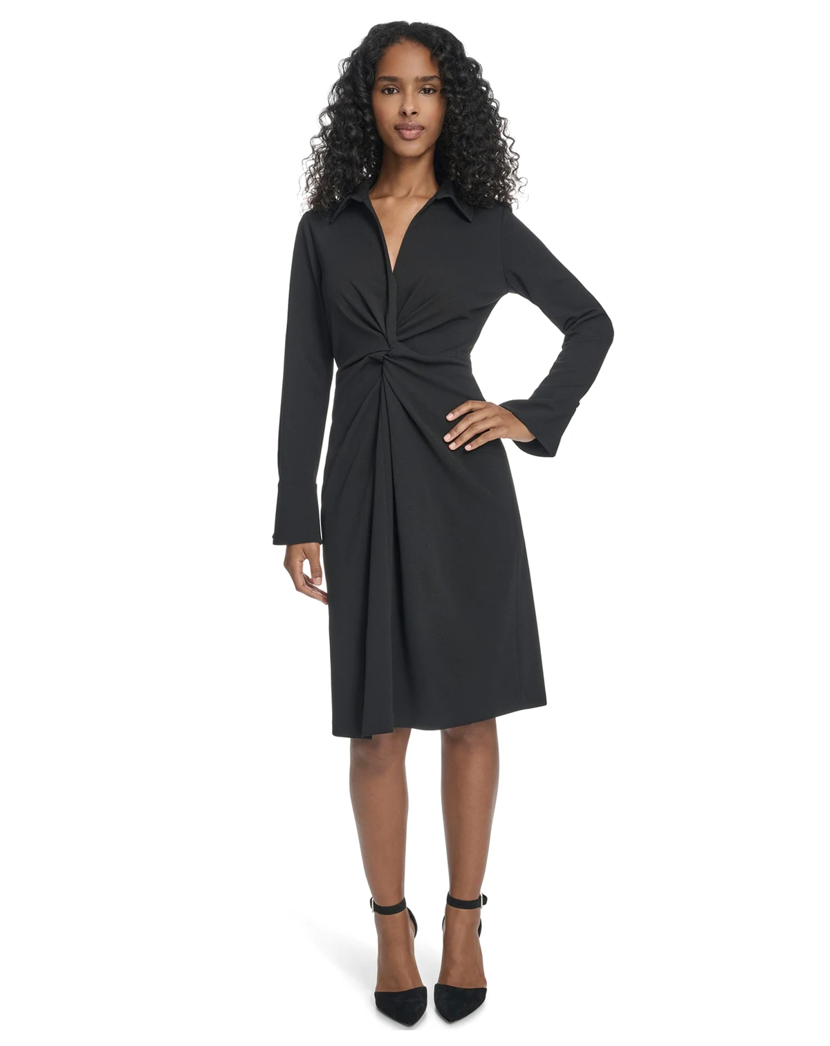 Women's Petite Collar Long-Sleeve Midi Shirtdress