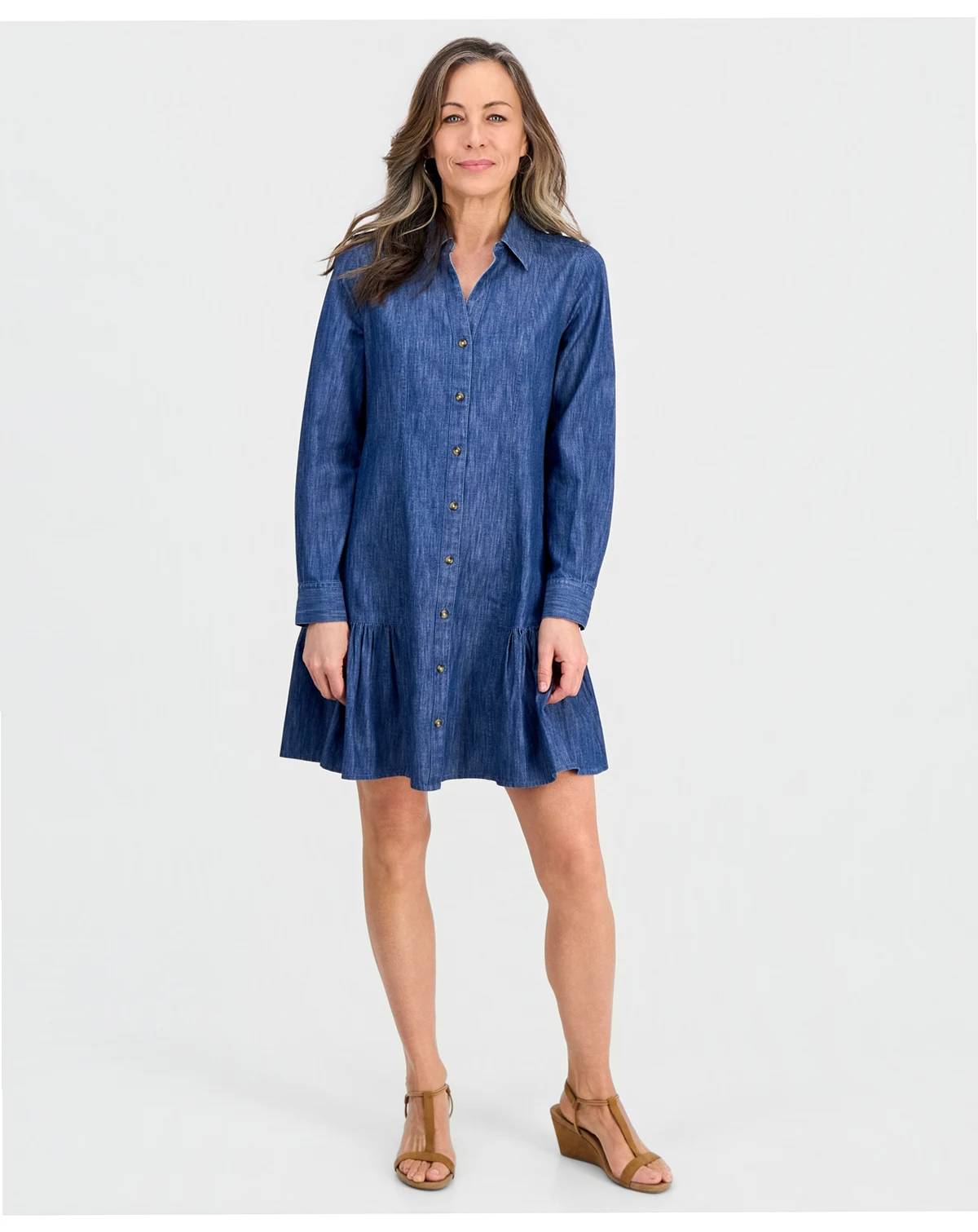 Petite Denim Flounce-Hem Shirtdress, Macy's Exclusive