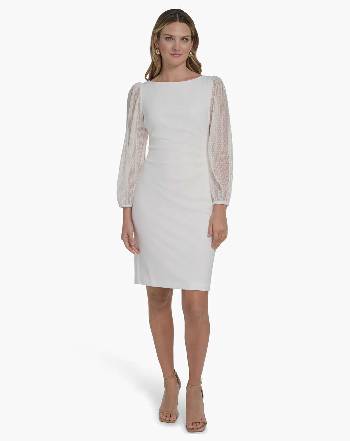 Petite Side Tuck Long-Sleeve Boat Neck Sheath Dress
