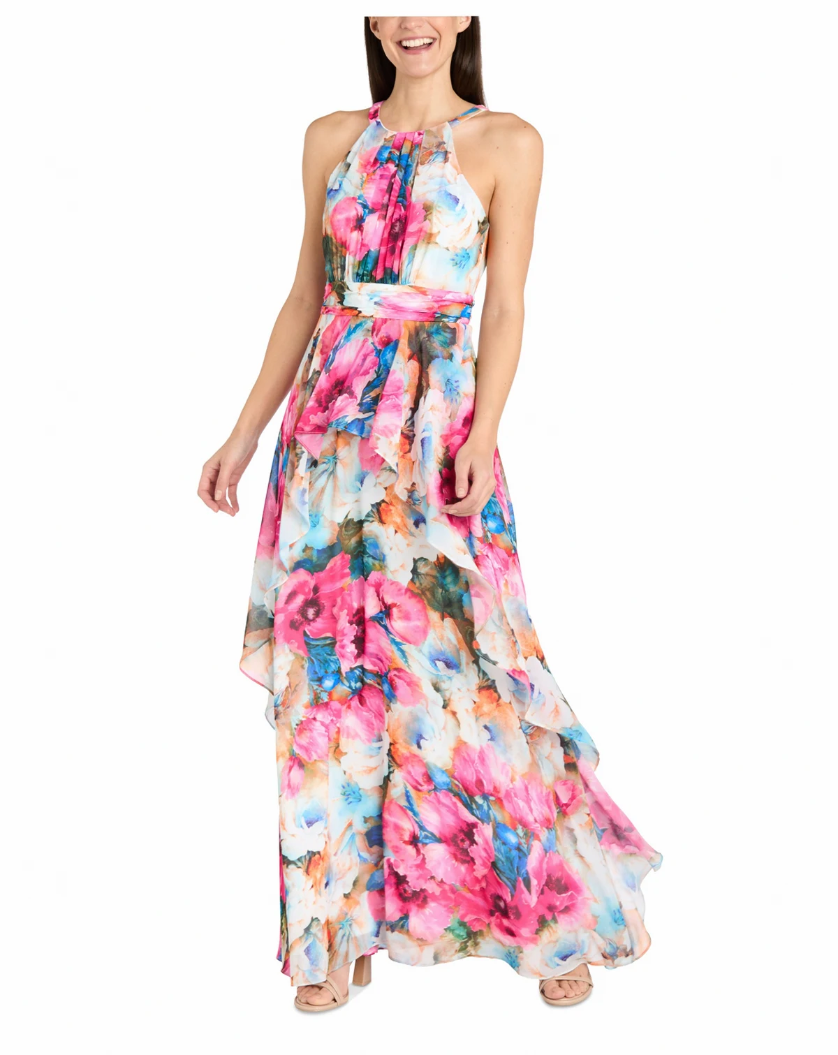 Petite Floral Halter Ruched-Waist Gown