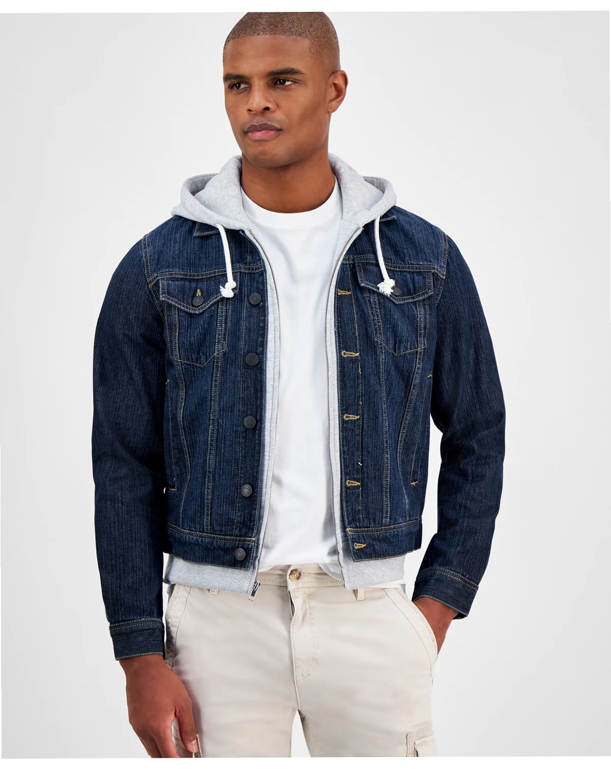 Men's Reeves Trucker Hooded Denim Jacket, Created for Macy's
