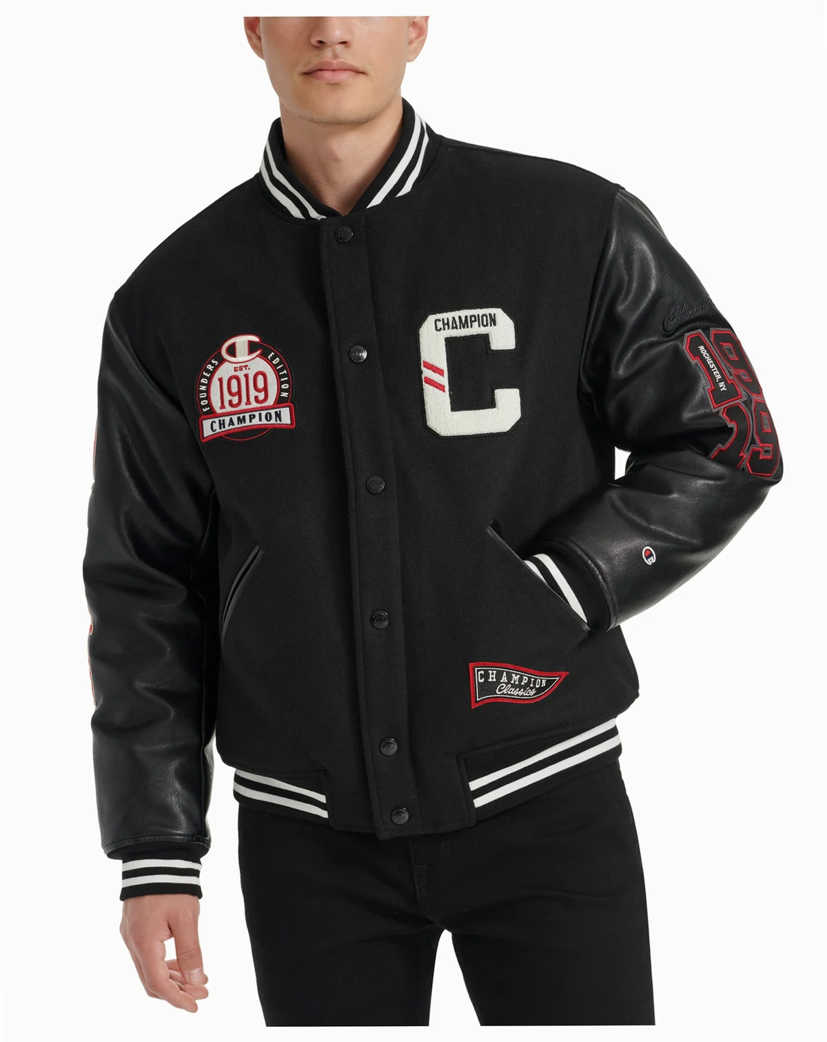 Men's Logo-Patch Mixed-Media Varsity Jacket