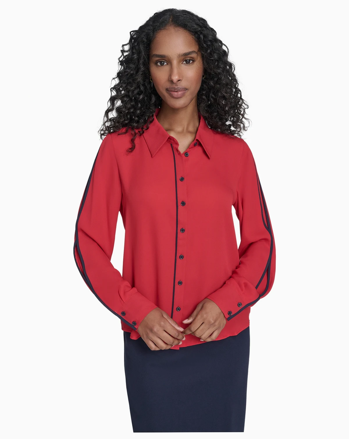 Women's Long Sleeve Contrast Trim Button-Up Blouse