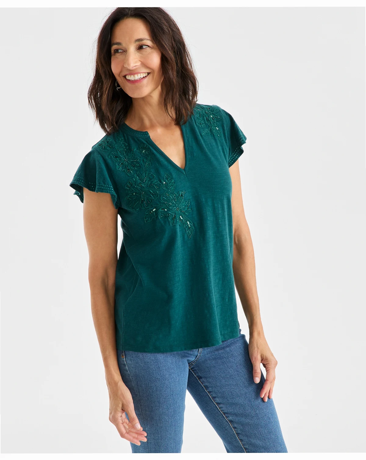 Women's Cotton Embroidered Flutter-Sleeve Knit Top, Macy's Exclusive