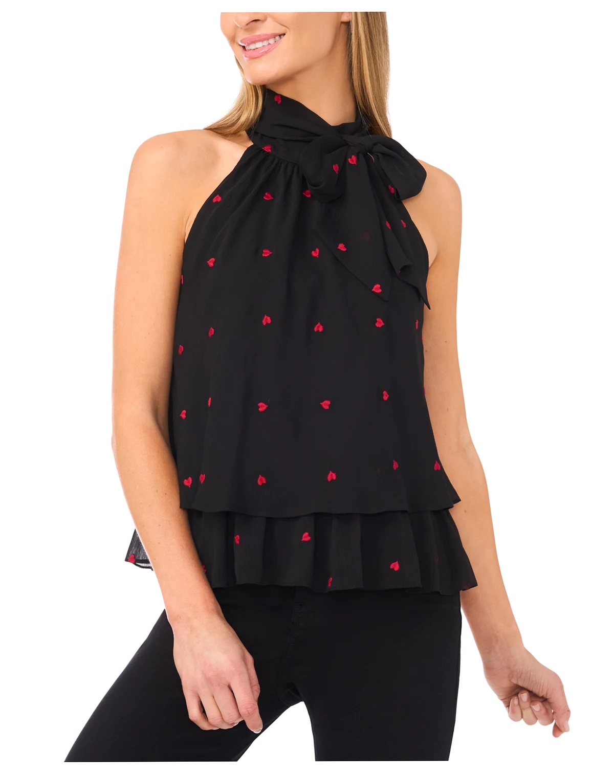 Women's Valentine's Tiered Halter Heart Embroidered Bow Tie Top