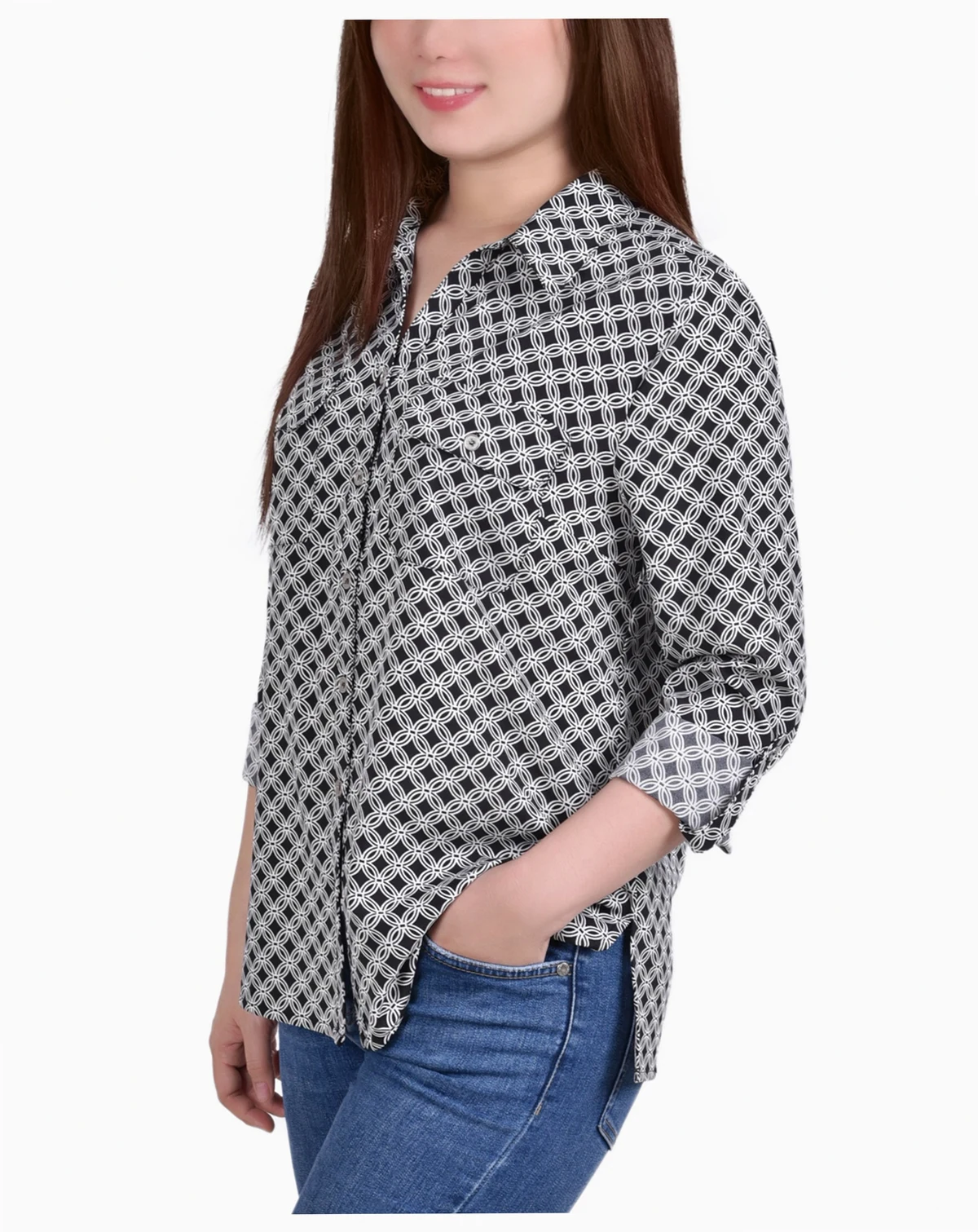 Petite 3/4 Sleeve Roll Tab Notch Collar Blouse