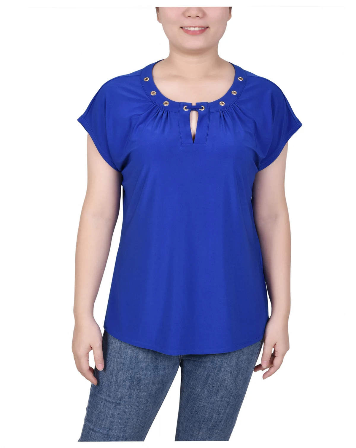 Petite Grommet Neck Knit  Short Extended Sleeve Top
