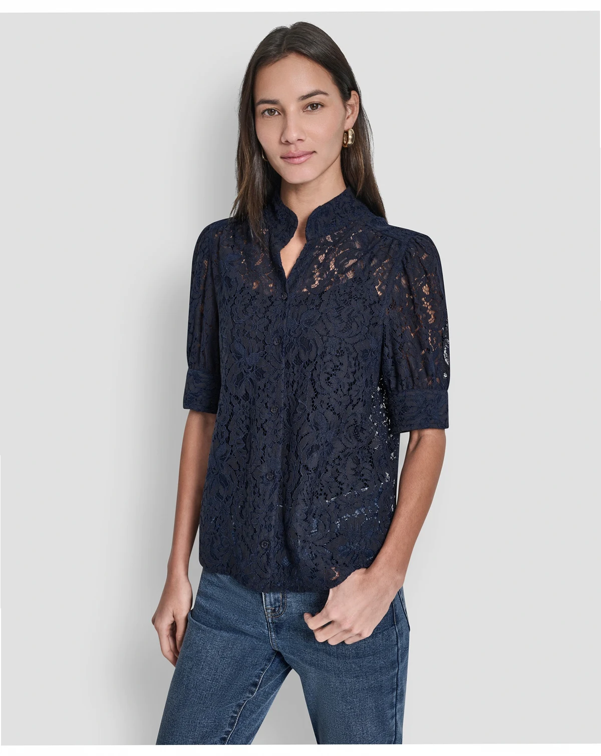 Women's Lace Puff Sleeve Stand Collar Shirt
