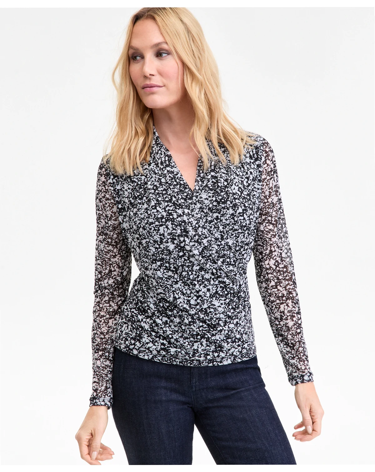 Women's Printed Mesh Surplice-Neck Top, Macy's Exclusive
