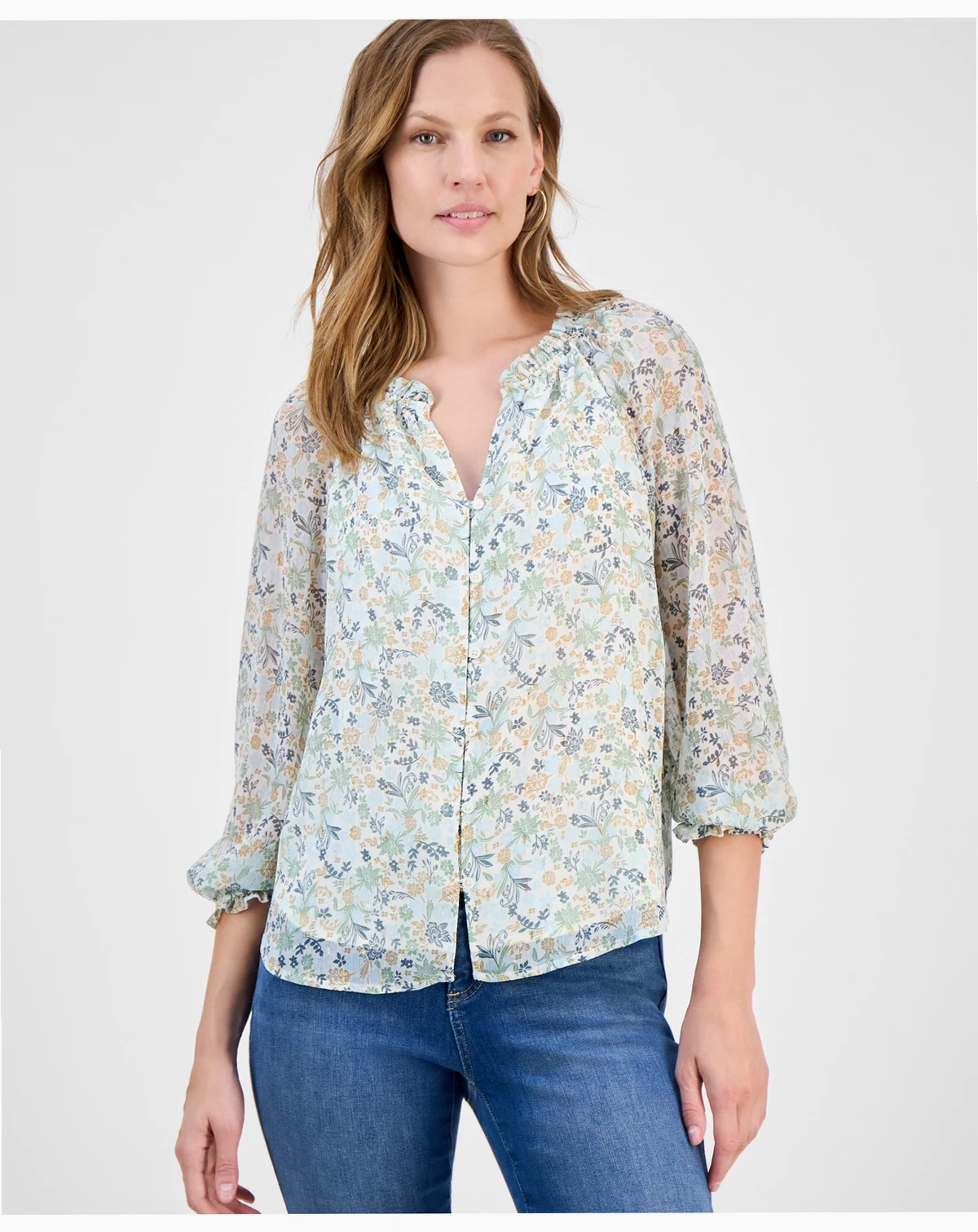 Women's Floral Ruffled Split-Neck Top, Macy's Exclusive