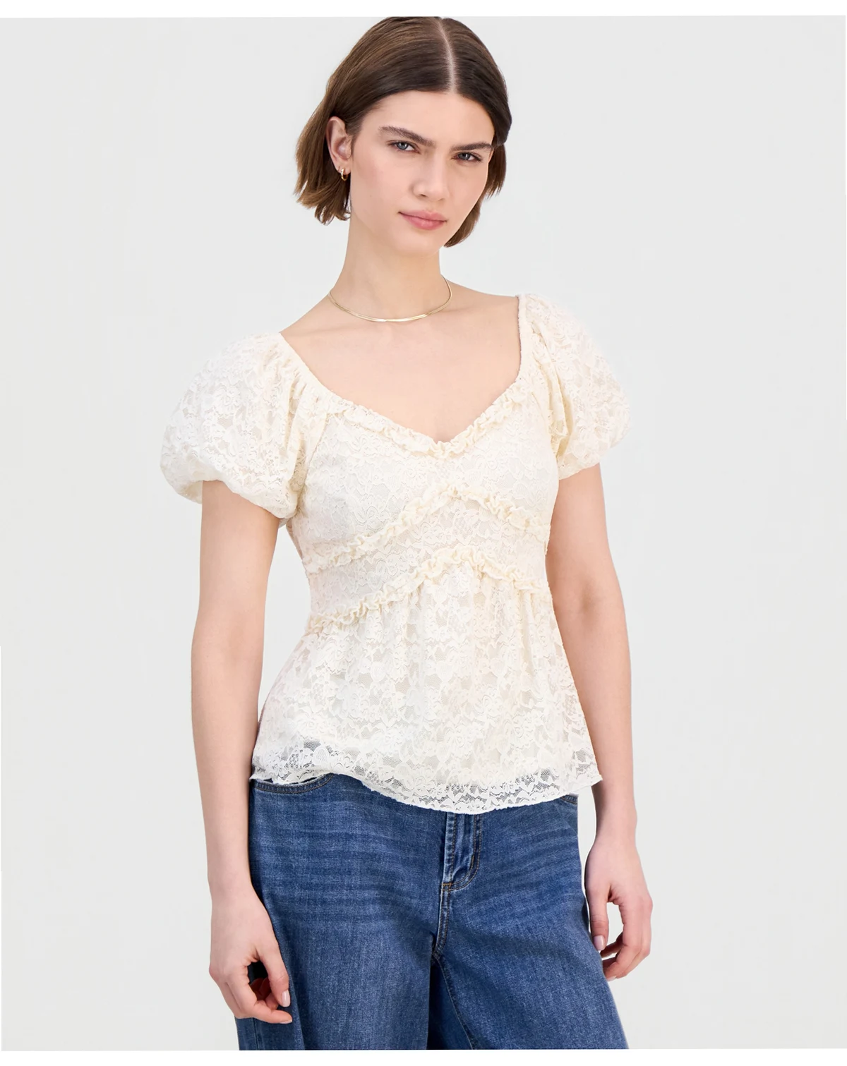 Juniors' Lace Puff-Sleeve Babydoll Top