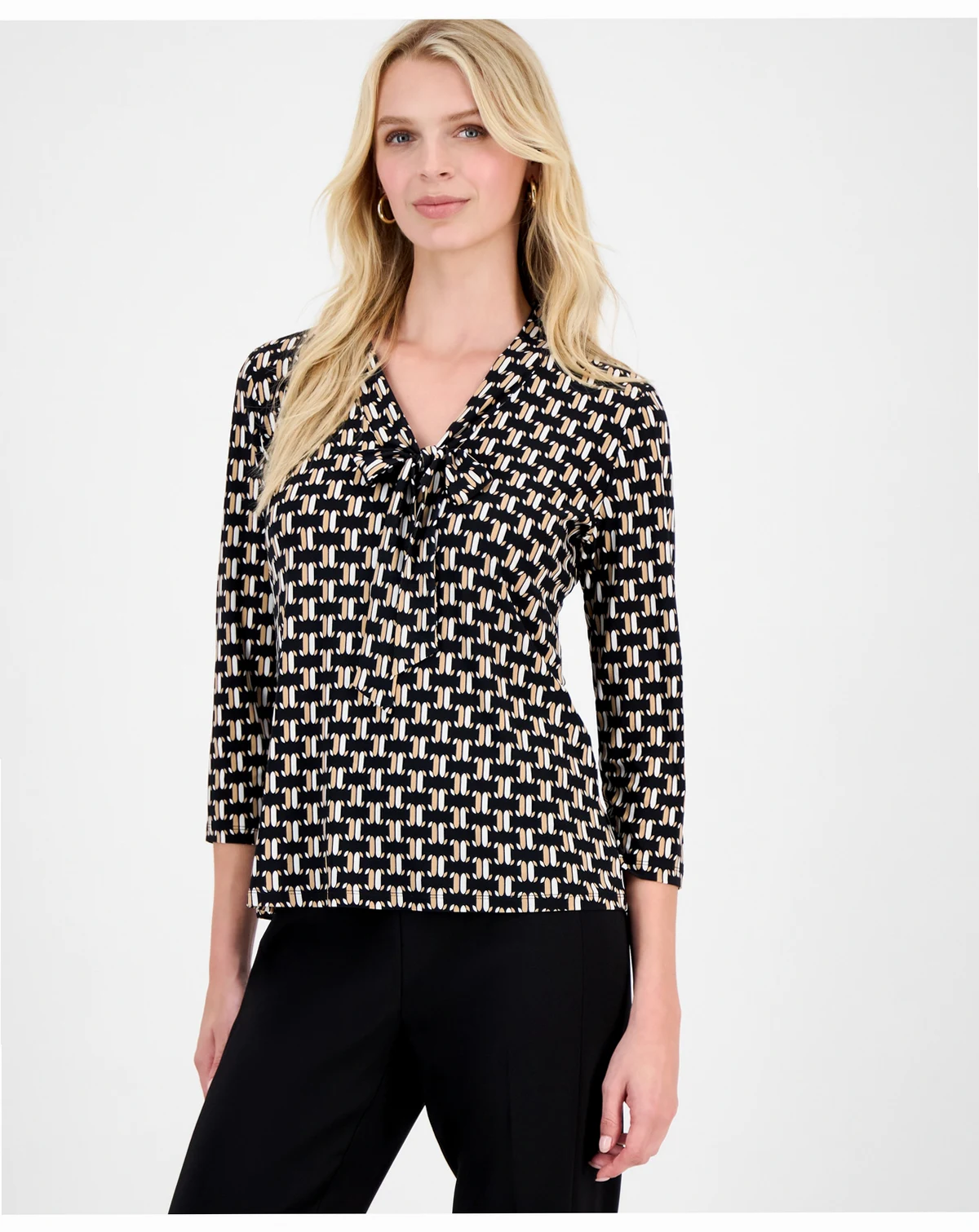 Women's Geo-Print Tie-Neck 3/4-Sleeve Top