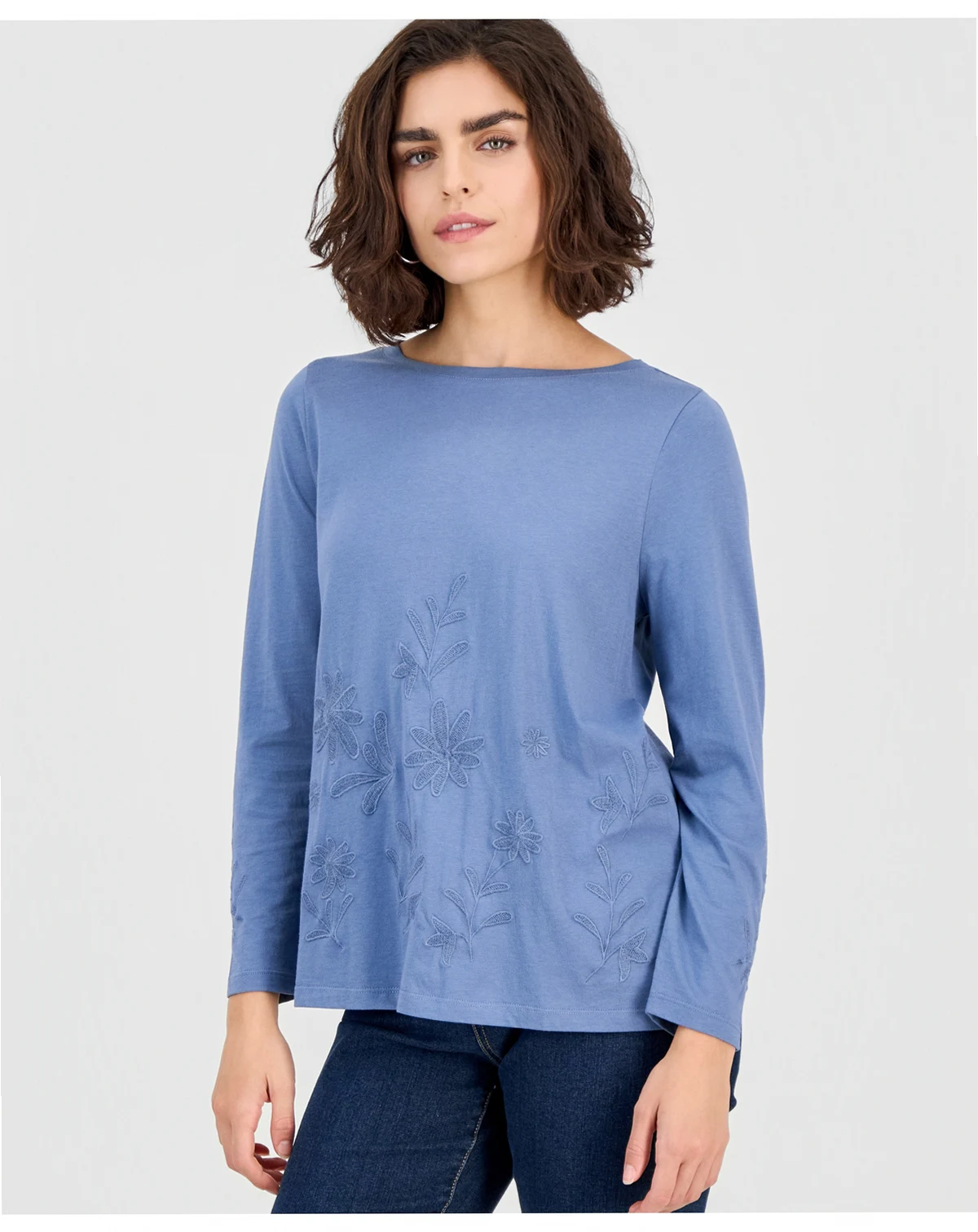 Women's Embroidered Boat-Neck Long-Sleeve Top, Macy's Exclusive