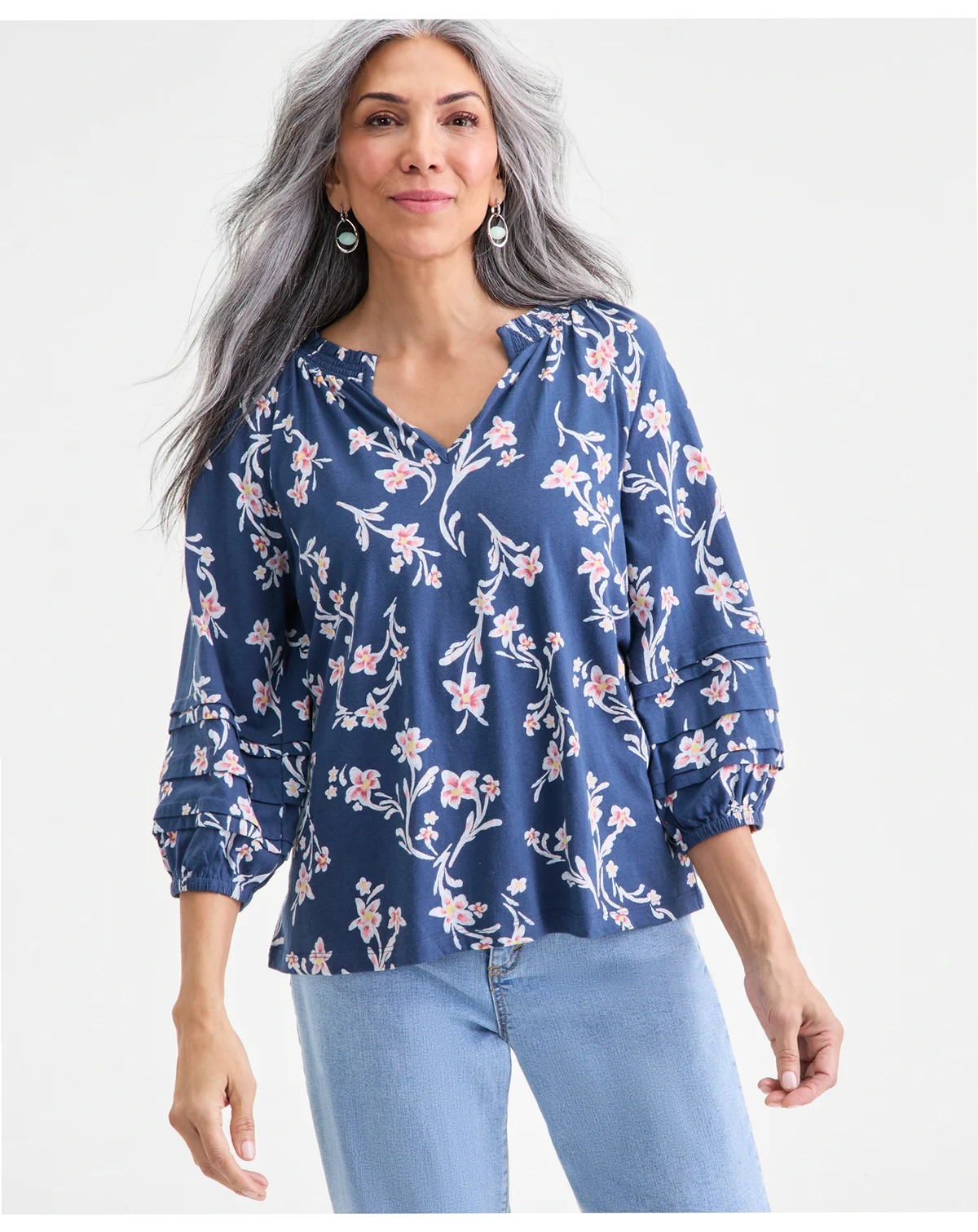 Women's Printed Smocked Knit Top, Macy's Exclusive