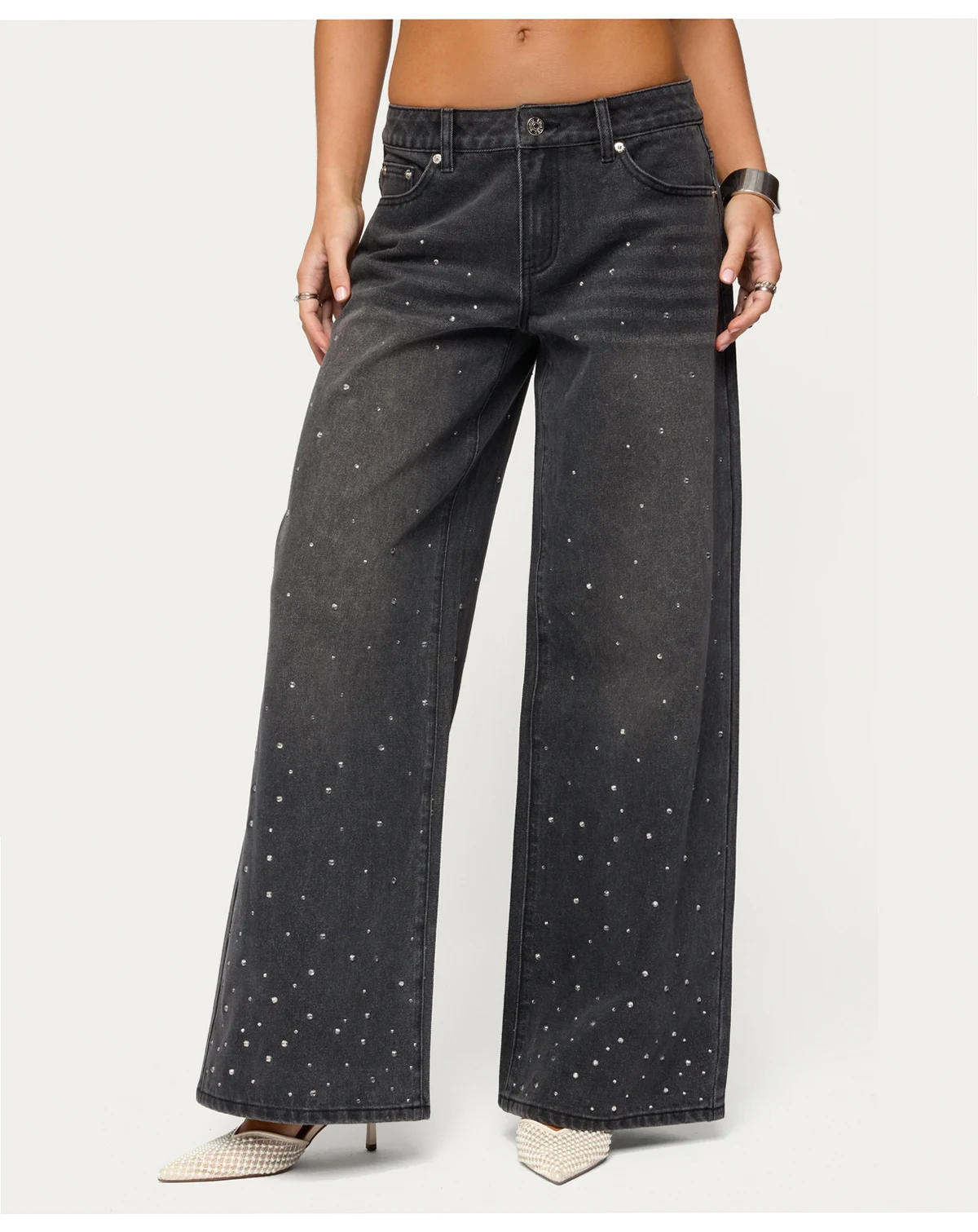 Women's Rhinestone Washed Low Rise Baggy Jeans