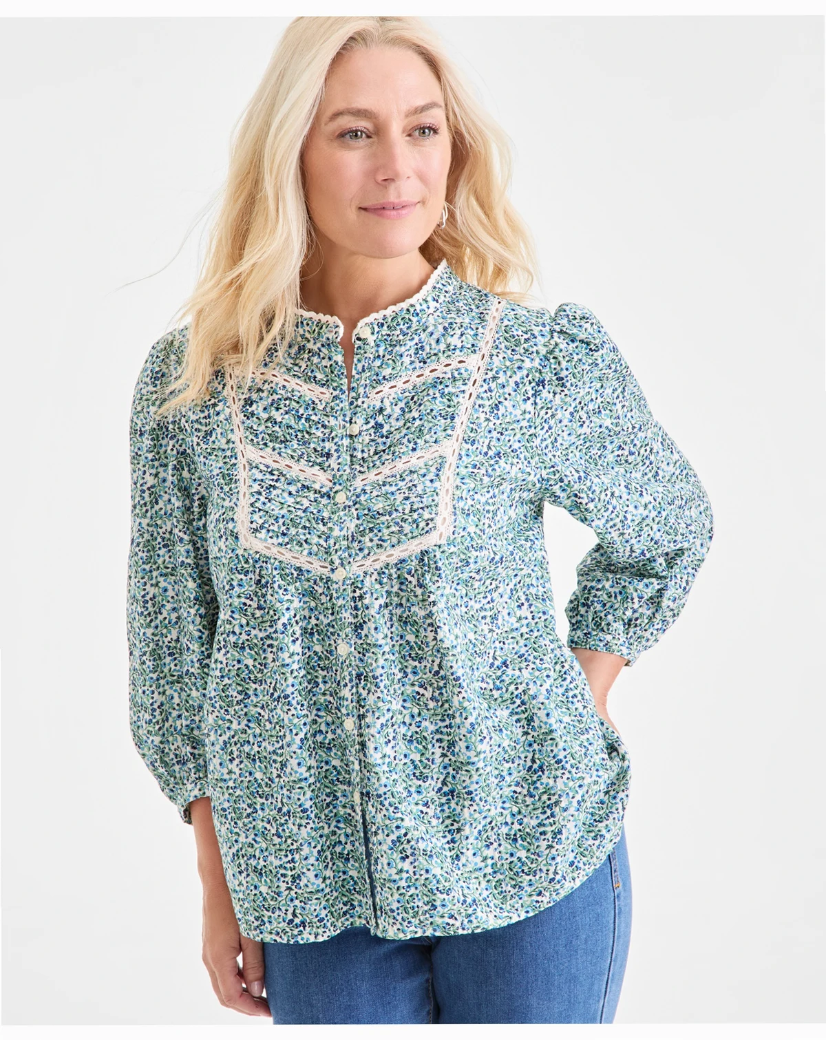 Women's Printed Cotton Lace-Trim Blouse, Macy's Exclusive
