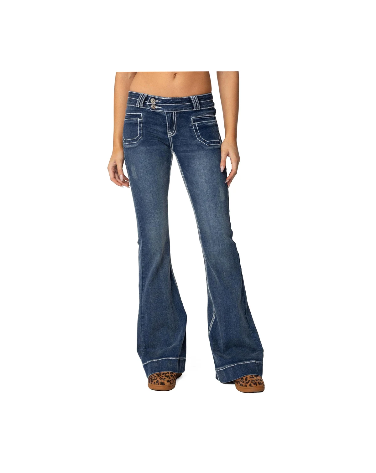 Womens Contrast Stitch Low Rise Flared Jeans