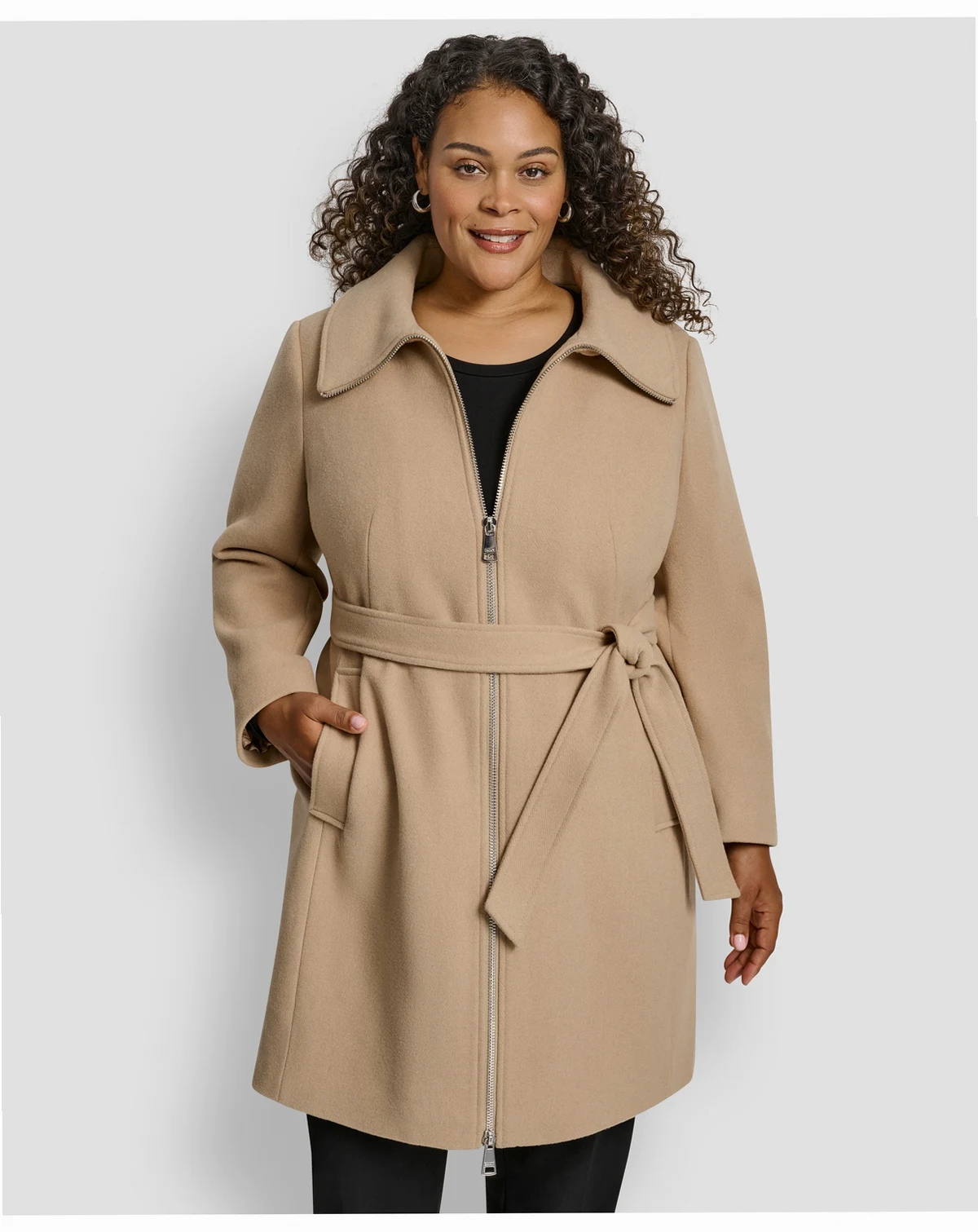 Plus Size Belted Zip-Up Wool Coat