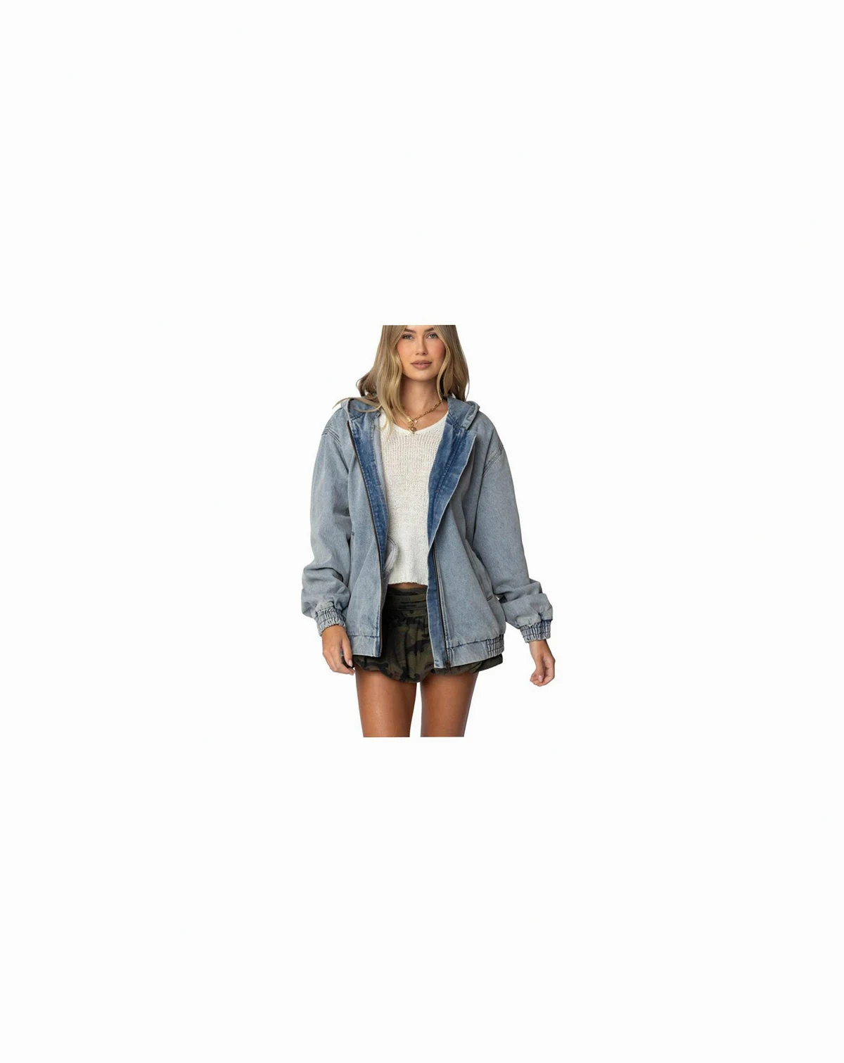 Womens Hooded Vintage Washed Denim Bomber Jacket