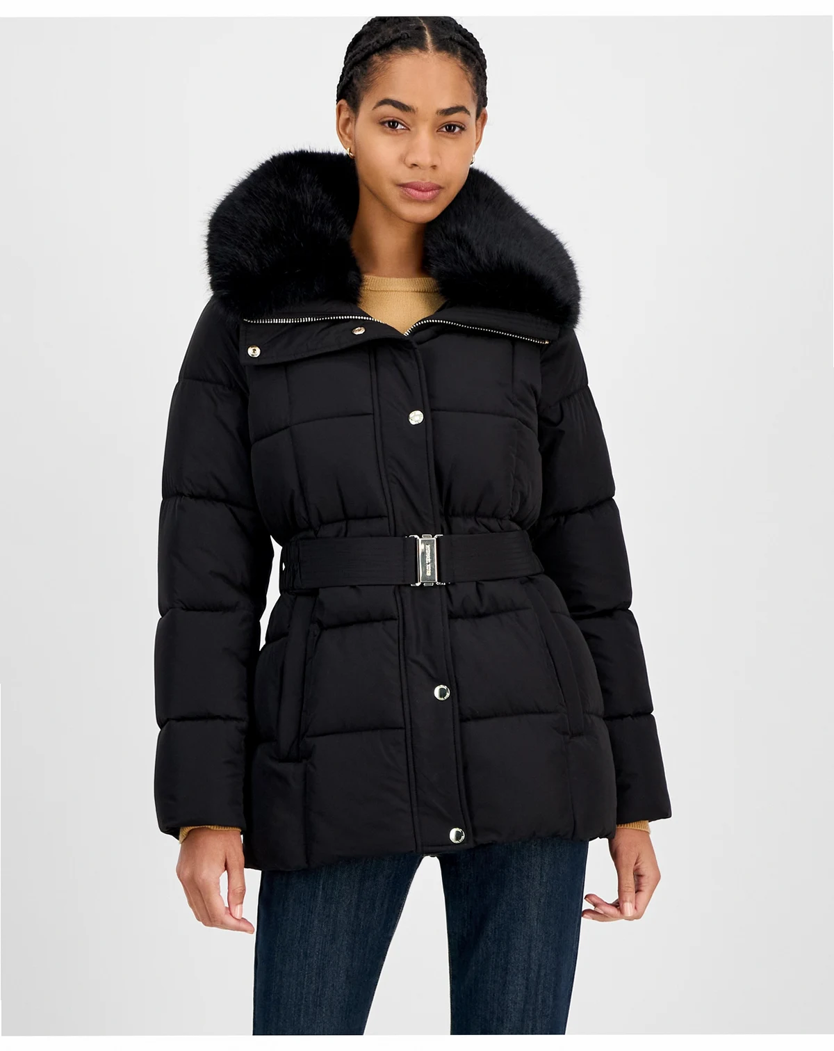 Women's Belted Hooded Faux-Fur-Collar Puffer Coat, Exclusively at Macy's