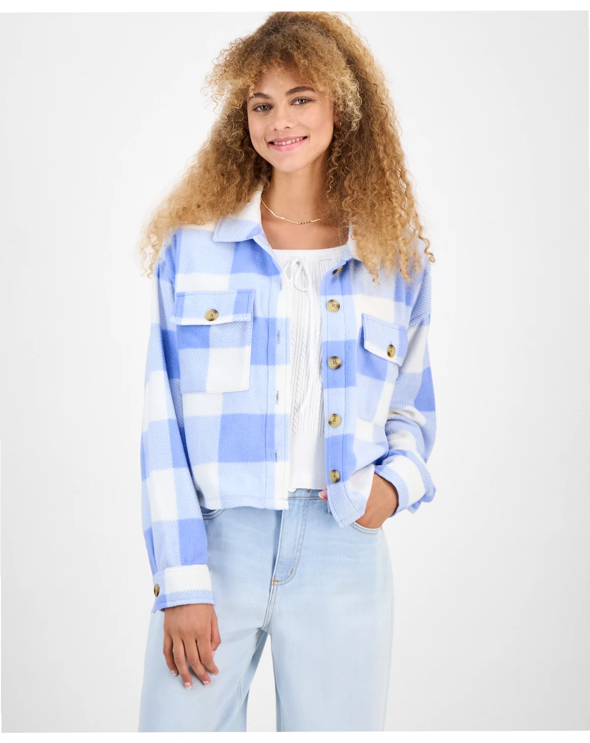 Juniors' Plaid Chest-Pocket Shacket