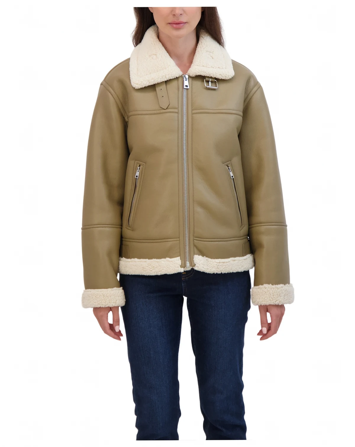 Women's Zip Front Faux Leather Shearling Jacket