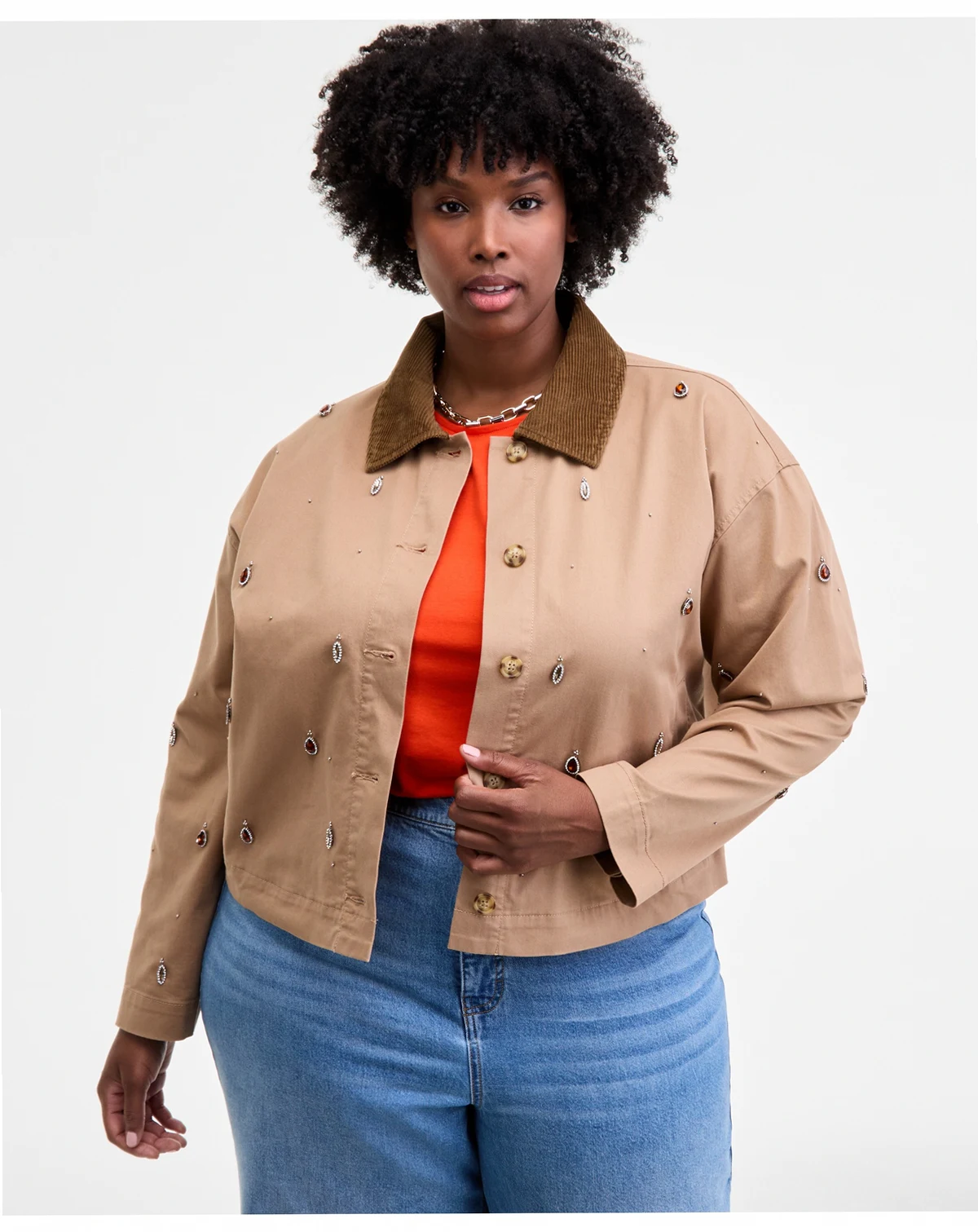 Women's Embellished Corduroy Collar Cropped Jacket, Macy's Exclusive