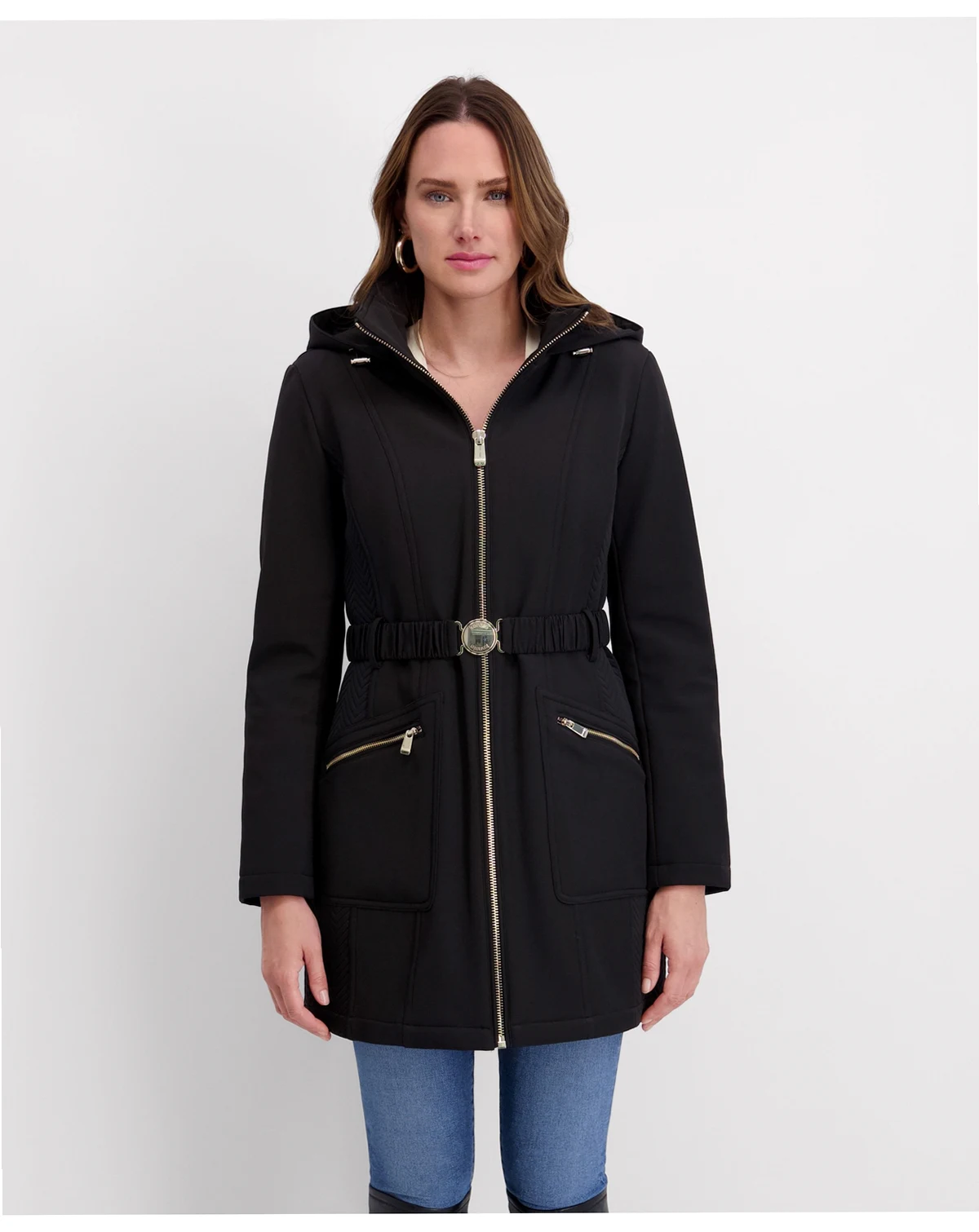 Women's Hooded, Metal Buckle Belted Softshell with Embossed Panels