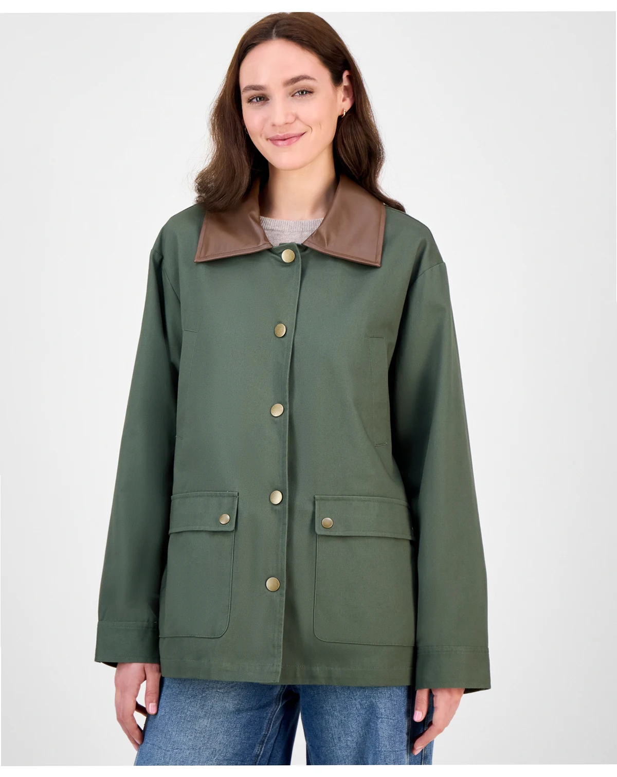 Juniors' Contrast-Collar Snap-Front Barn Jacket, Exclusively at Macy's
