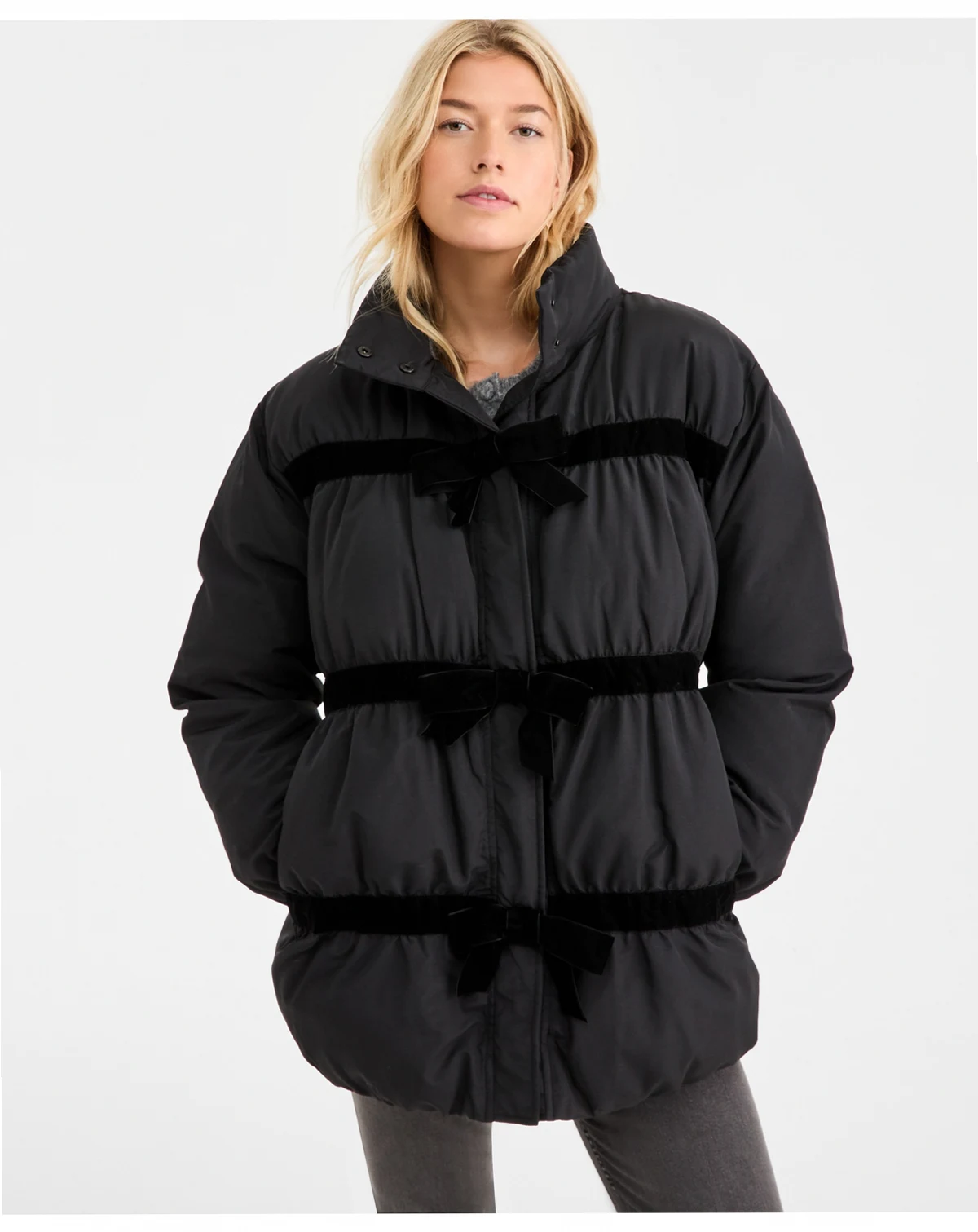Women's Oversized Velvet Bow Puffer Jacket, Macy's Exclusive