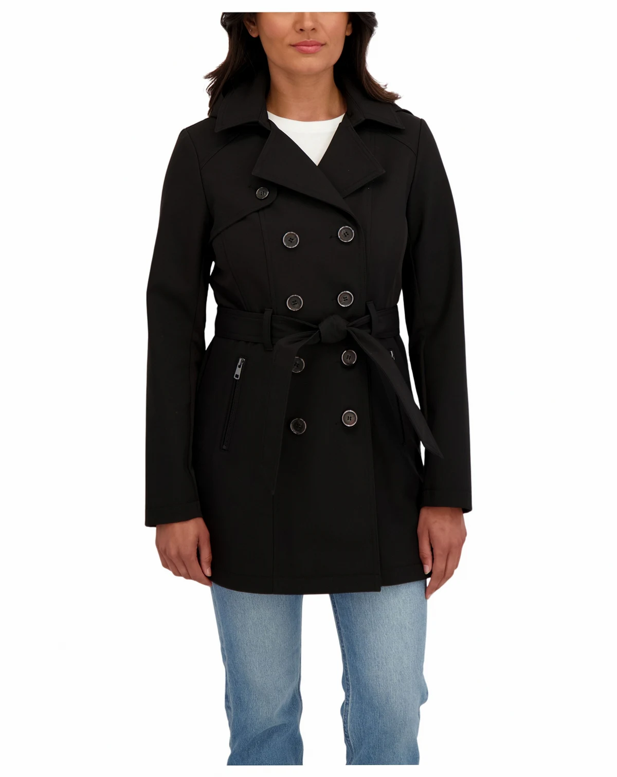 Women's Belted Double Breasted Soft Shell Trench Coat With Detachable Hood