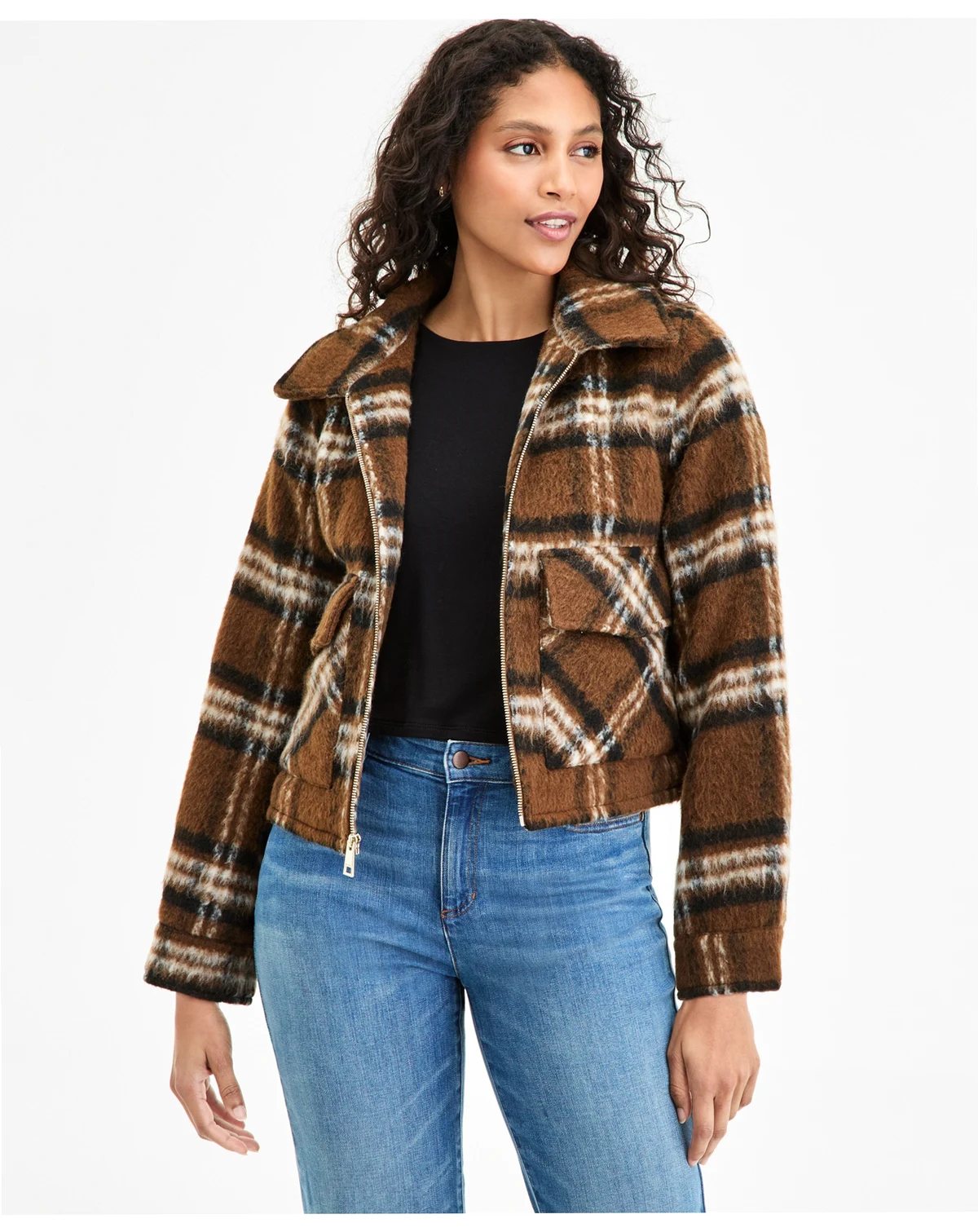 Women's Plaid Collared Zip-Front Coat