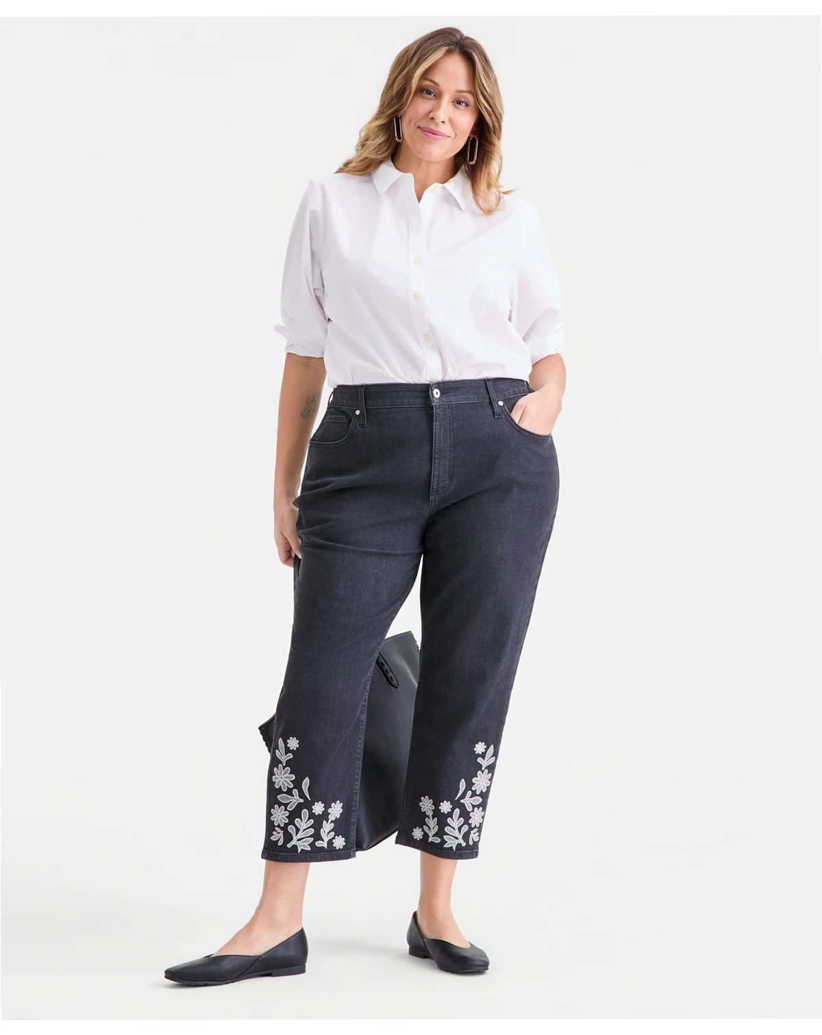 Plus Size Embroidered High-Rise Straight-Leg Cropped Jeans, Macy's Exclusive