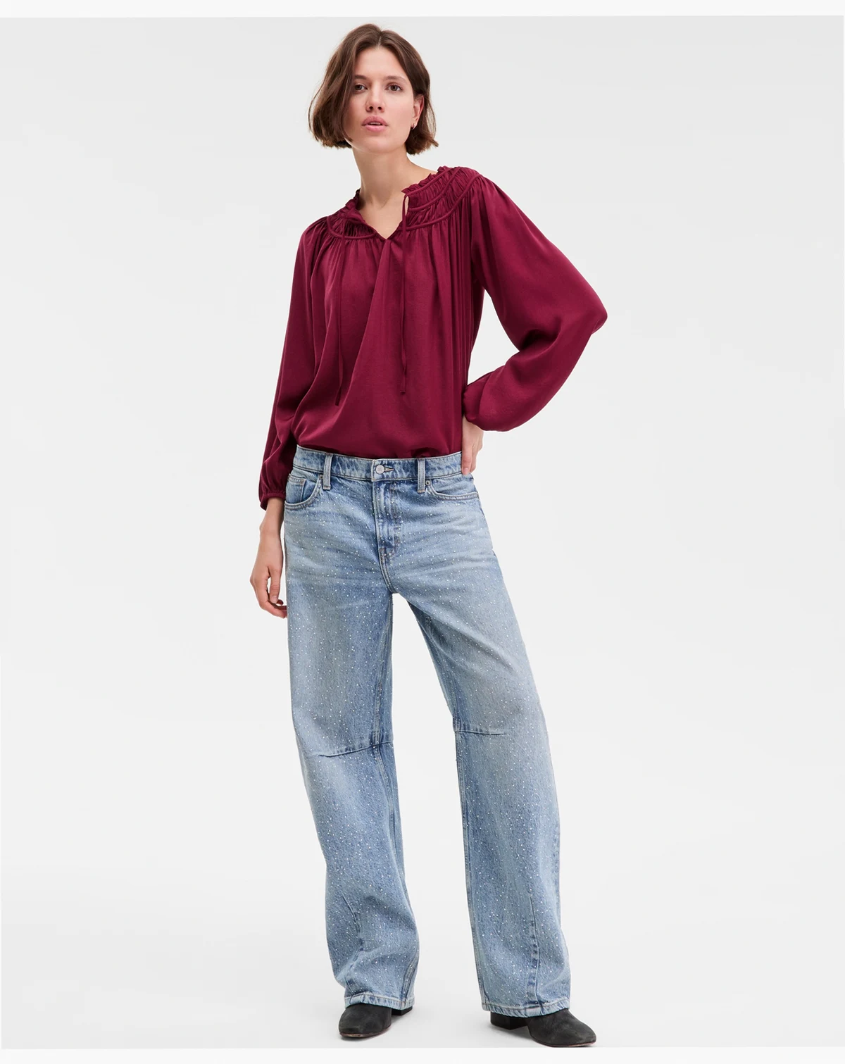 Women's Lucky Legend Rhinestone Stud Barrel-Leg Jeans