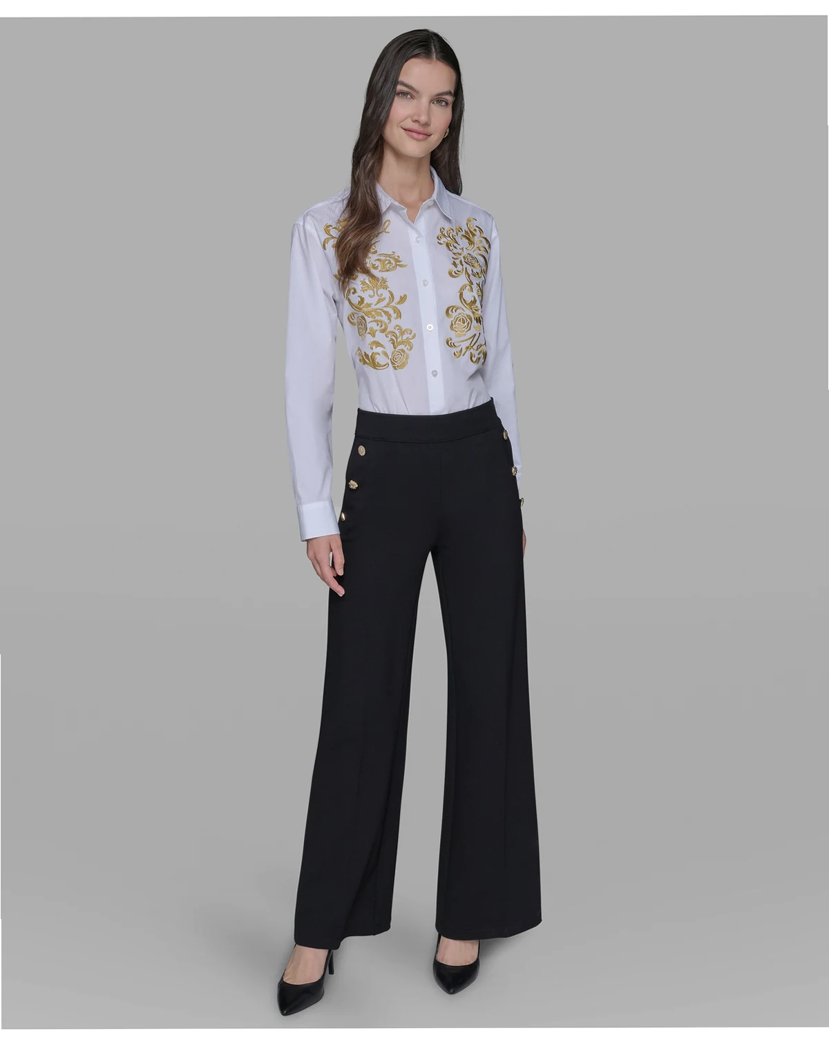 Women's Side-Button Wide-Leg Ponte Pants