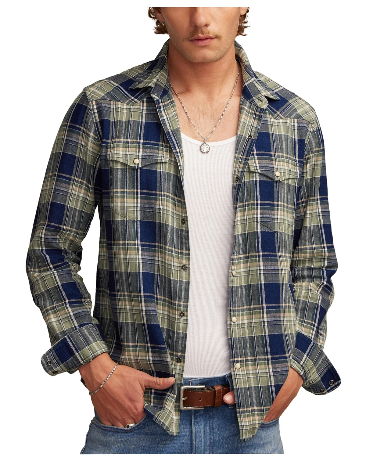 Men's Indigo Plaid Western Long Sleeve Snap-Front Shirt