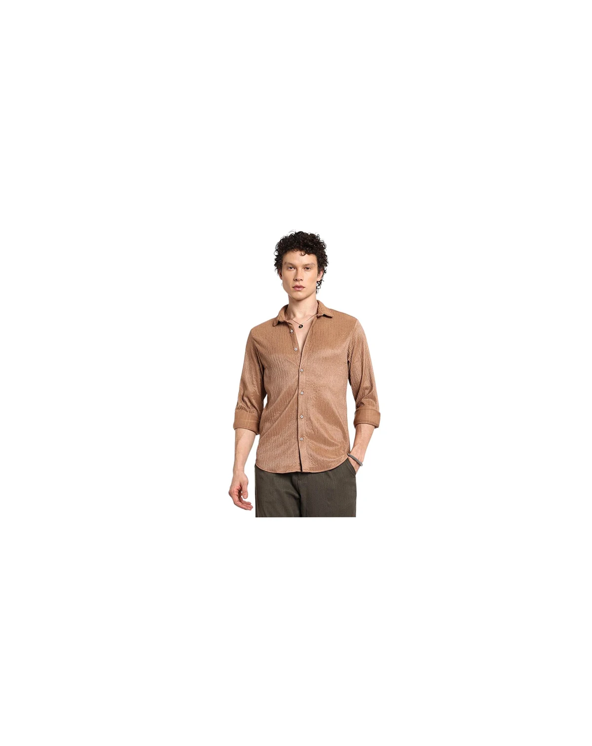 Men's Camel Beige Solid Creased Shirt