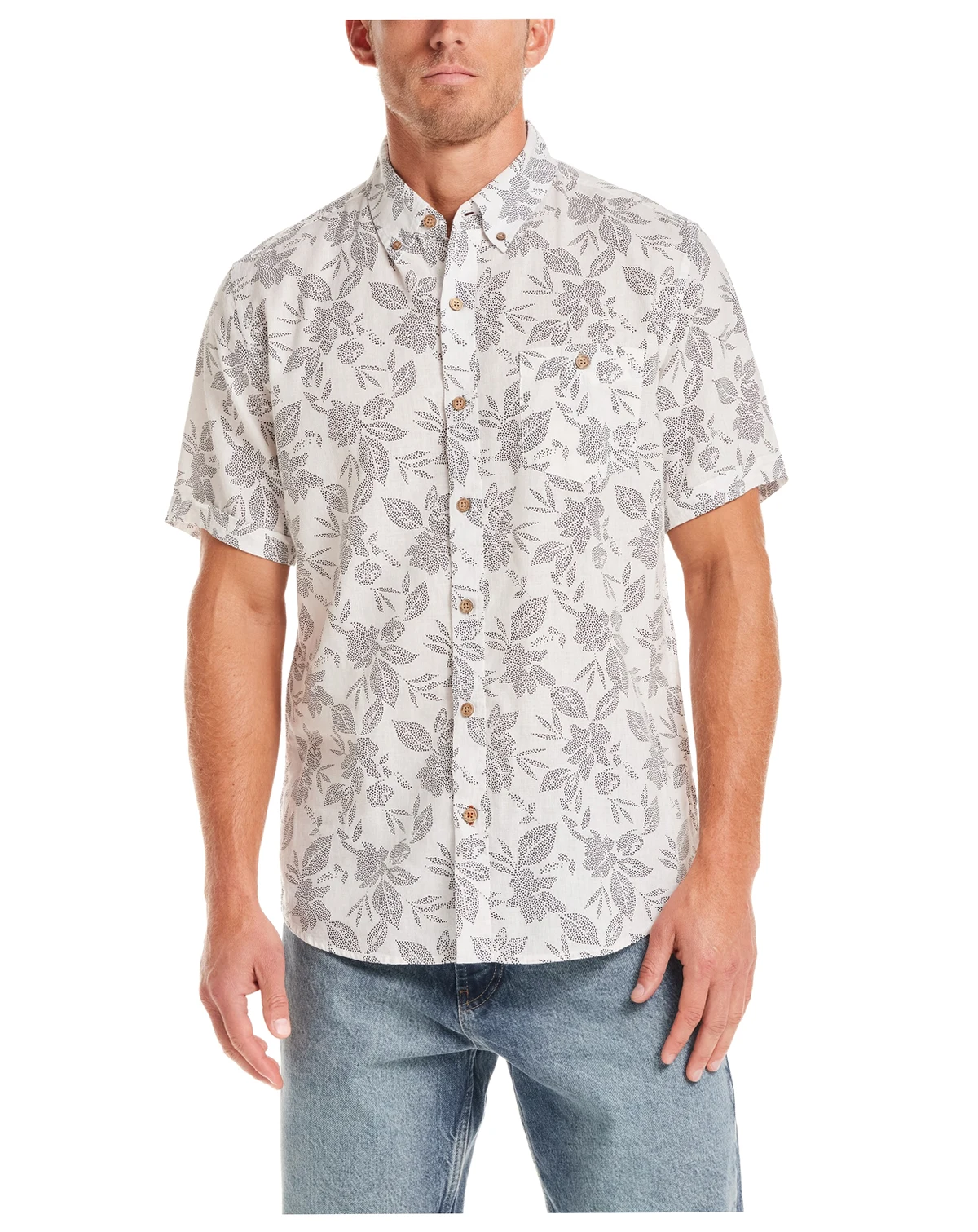 Men's Short-Sleeve Button Down Print Linen Cotton Shirt
