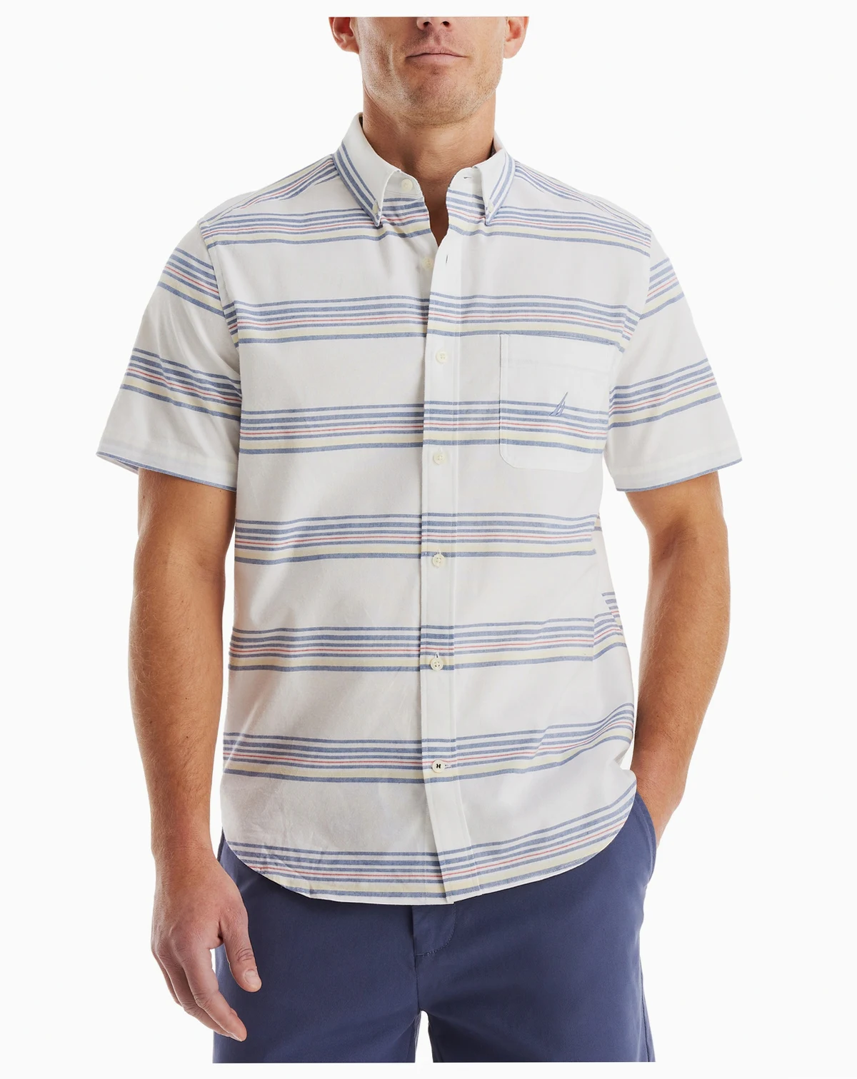 Men's Short Sleeve Button-Down Striped Oxford Shirt