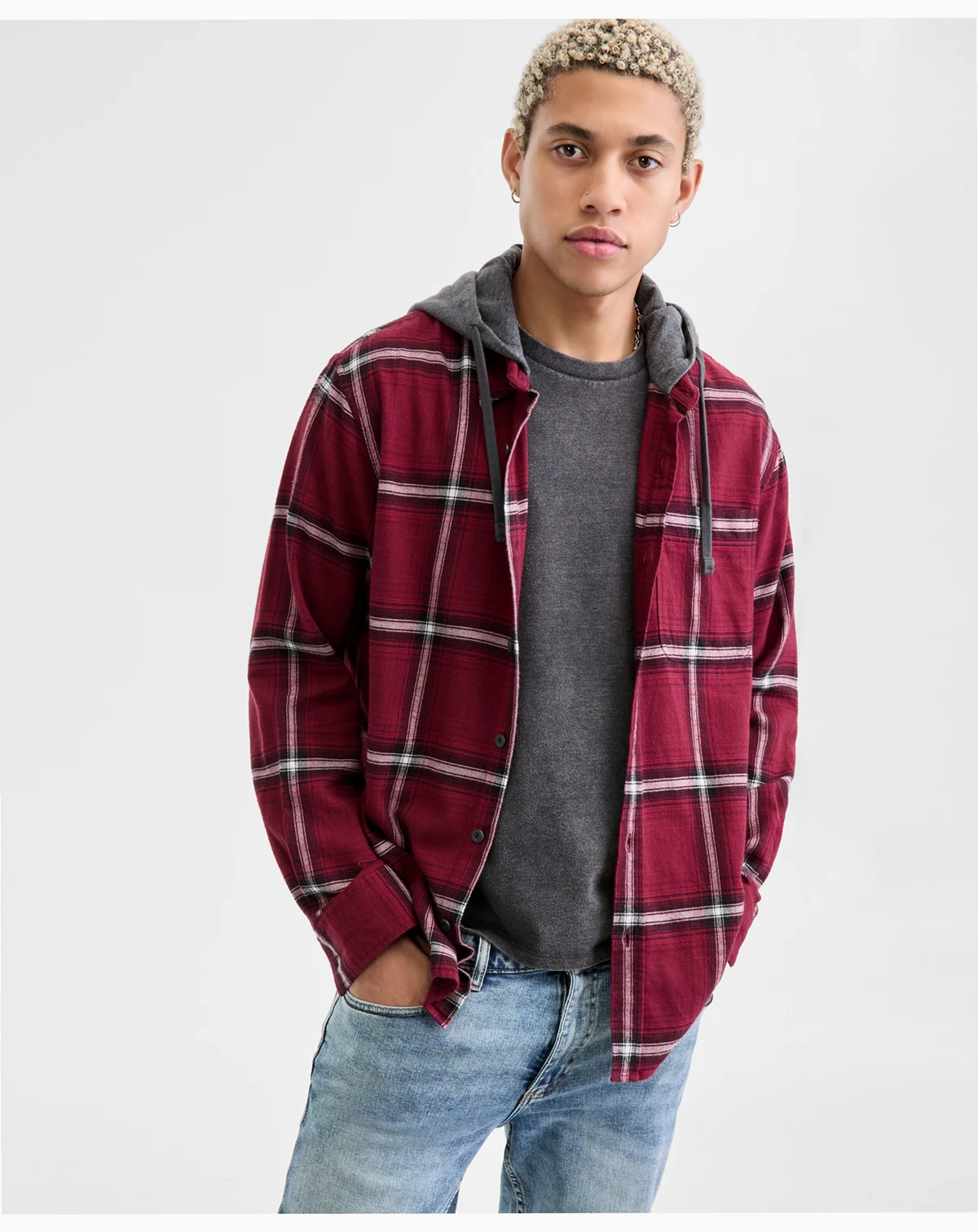 Men's Bird Layered-Look Hooded Cotton Flannel Plaid Shirt, Macy's Exclusive